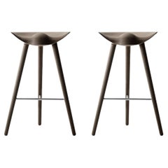 Set Of 2 Brown Oak and Stainless Steel Bar Stools by Lassen