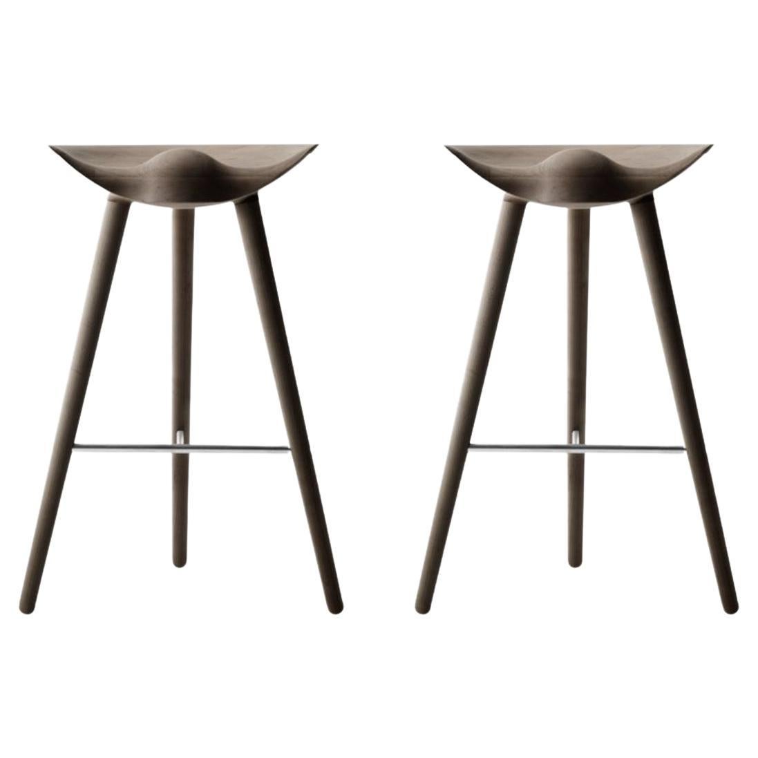 Set of 2 ML 42 Brown Oak and Stainless Steel Bar Stools by Lassen For Sale