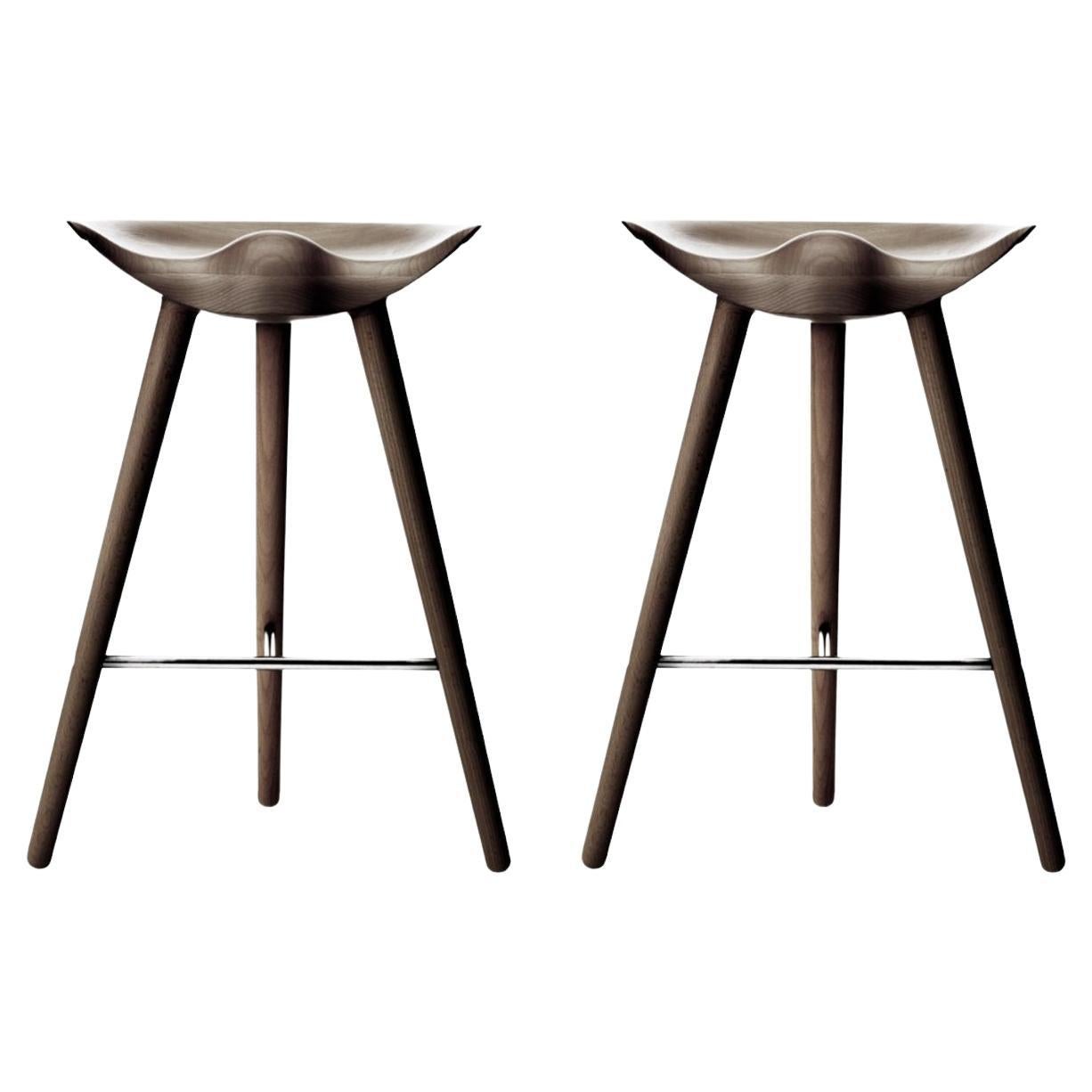 Set of 2 ML 42 Brown Oak and Stainless Steel Counter Stools by Lassen For Sale