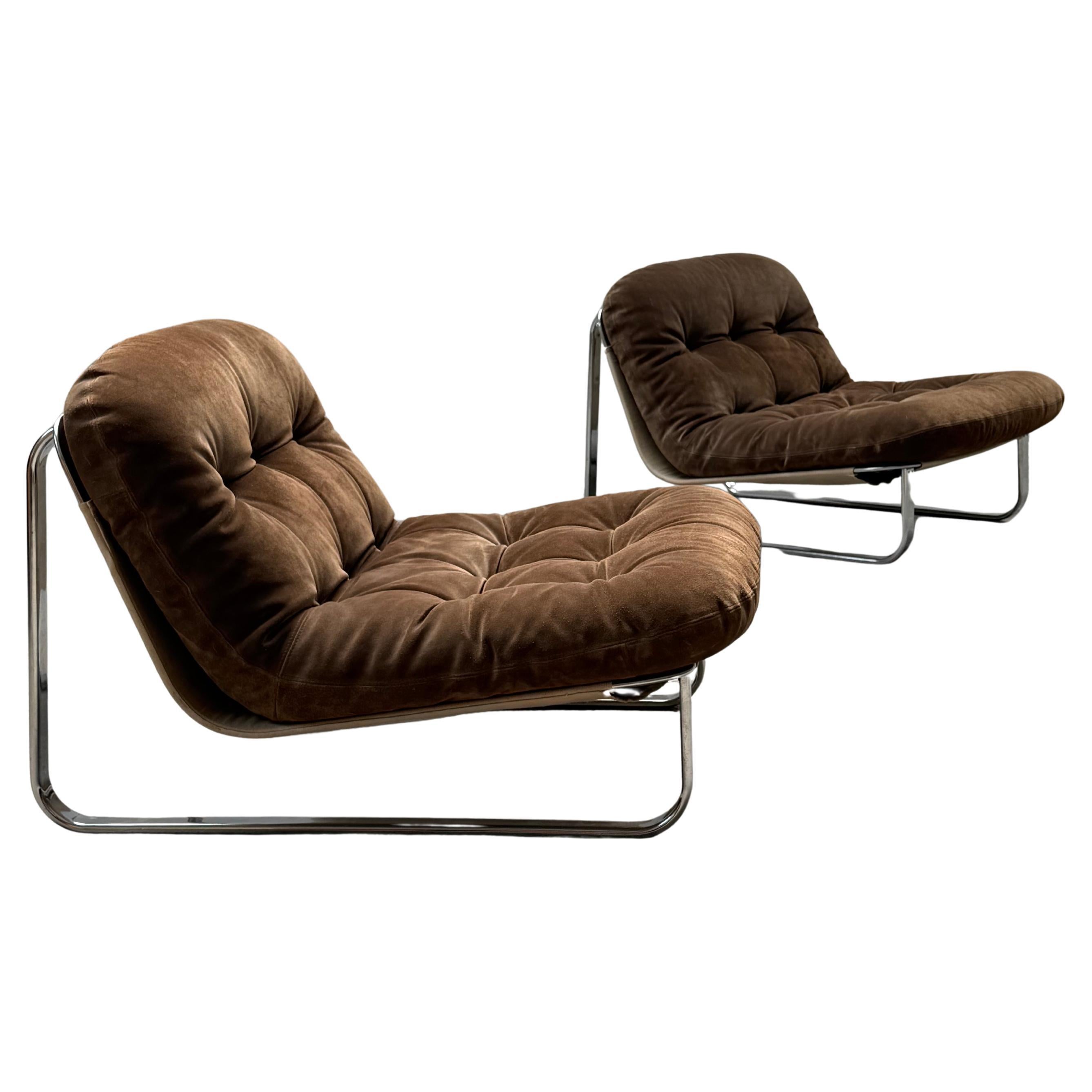 SET OF 2 BROWN SUEDE & CANVAS LOUNGE CHAIRS IN CHROMED STEEL FRAME, 1960s