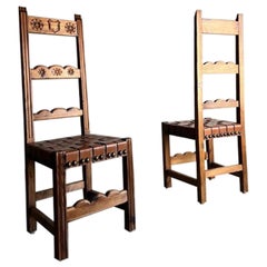 Set of 2 Brutalist Carved Wood Dining Chairs with Leather Seat Netherlands 1970s