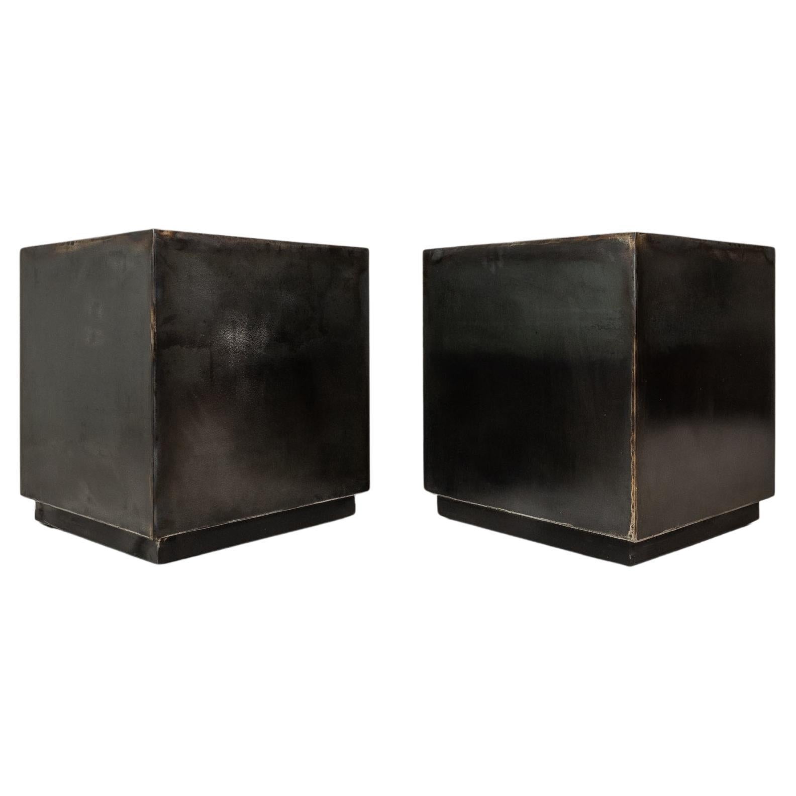 Set of 2 Brutalist Cubes / End Tables / Pedestals in Patinaed Metal, USA, 1970s