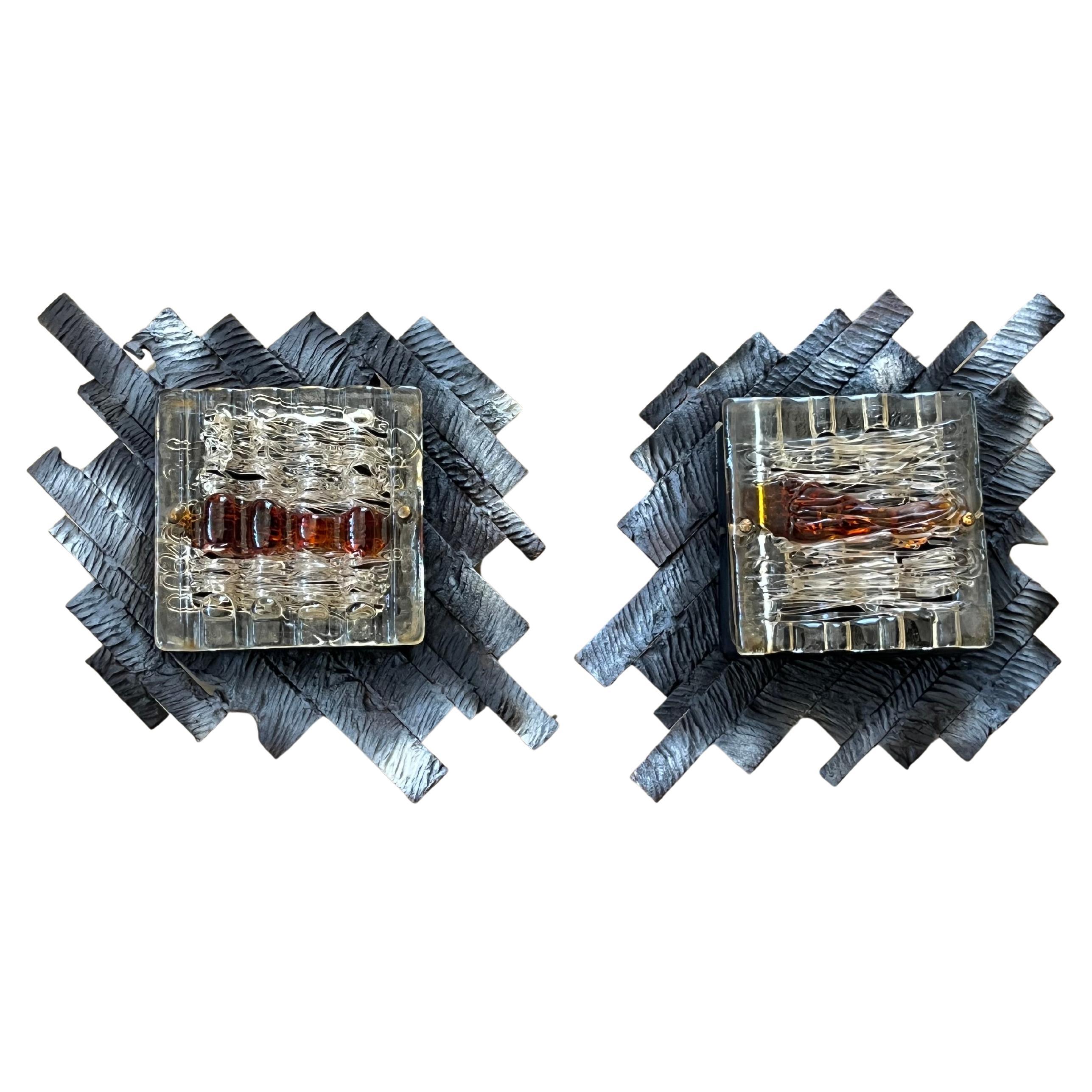 Set of 2 Brutalist Murano Glass Wall Lamps by Albano Poli, Poli Arte, 1970s