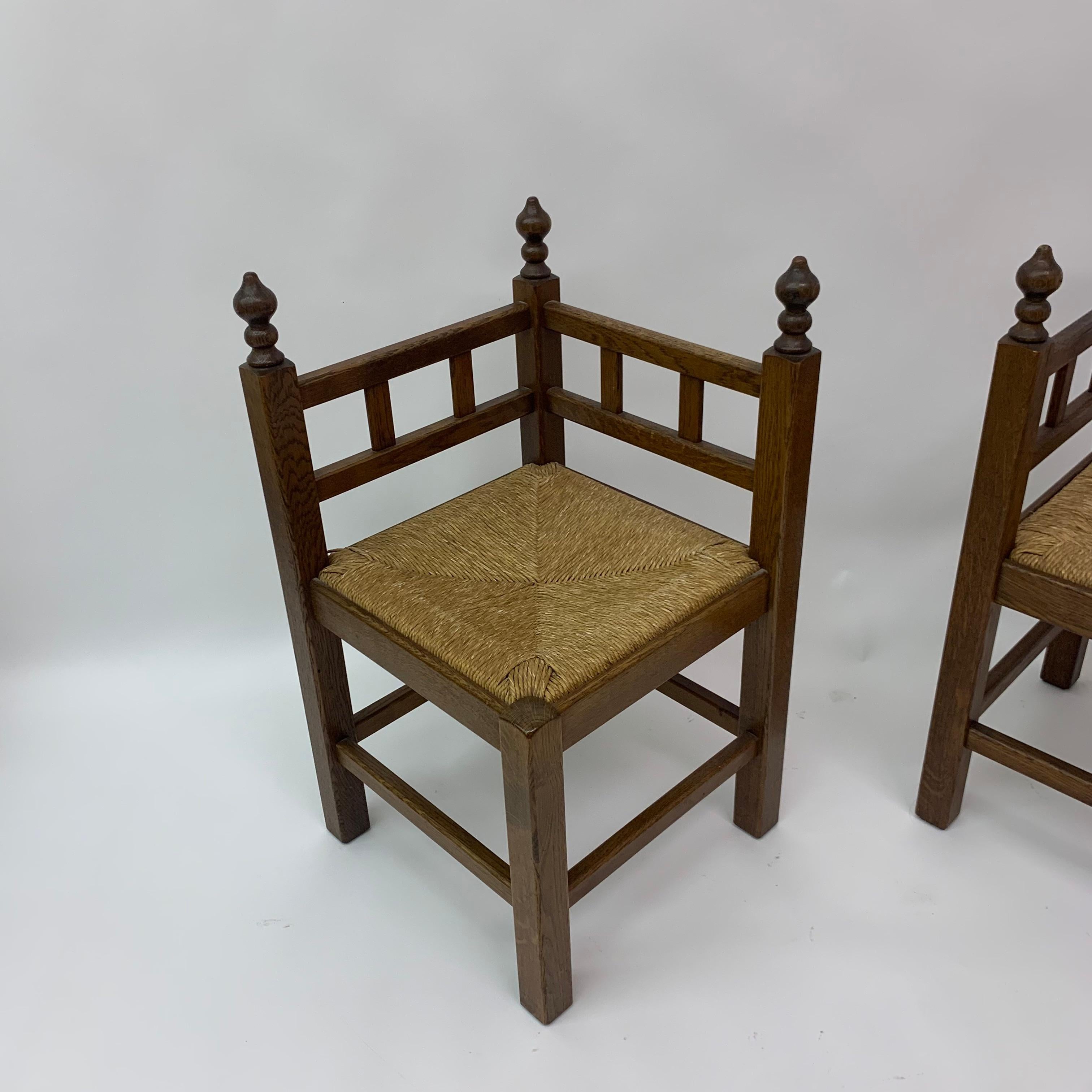 Set of 2 brutalist oak & wicker corner chairs, 1970’s 8
