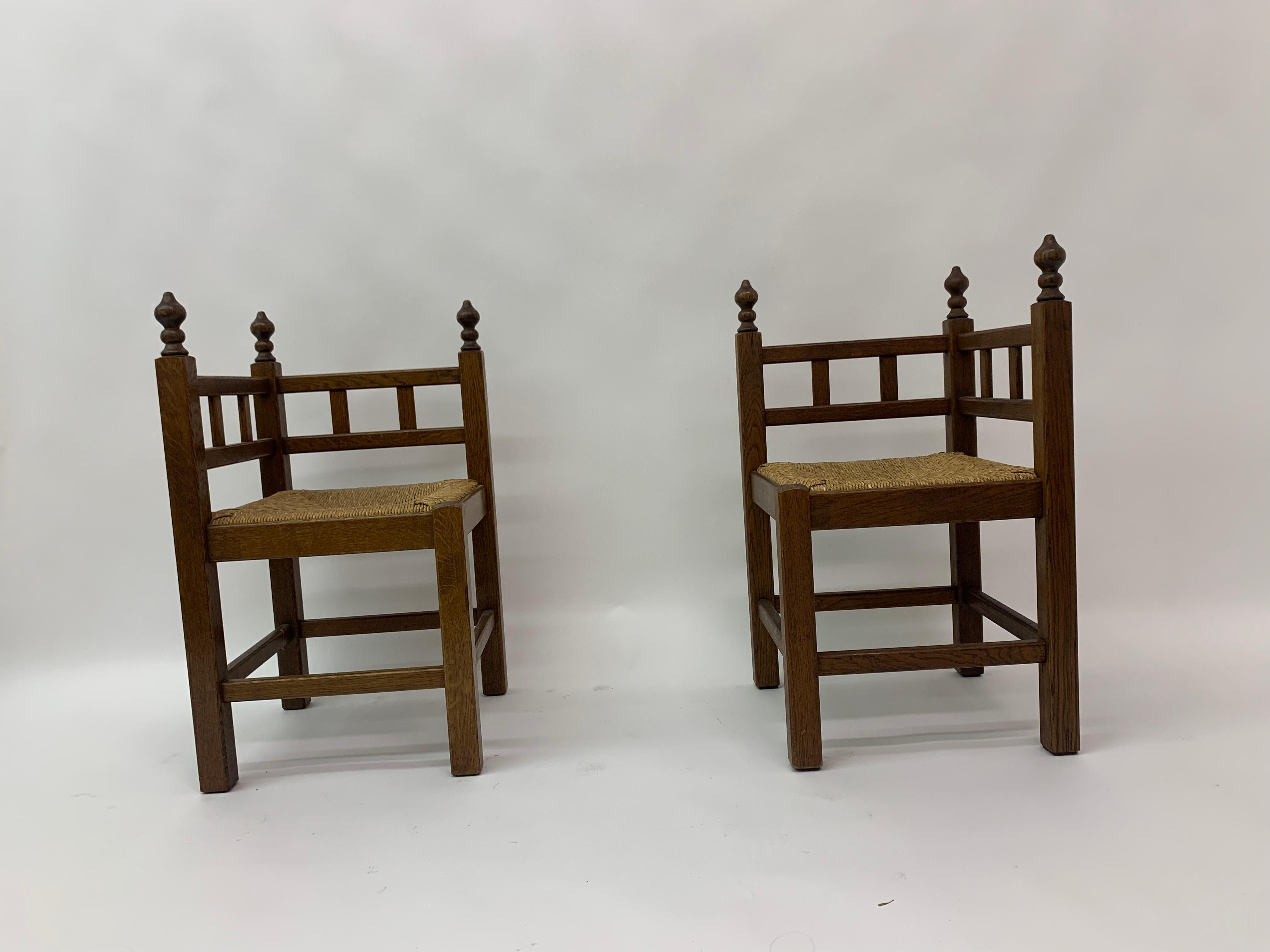 Set of 2 brutalist oak & wicker corner chairs, 1970’s 11