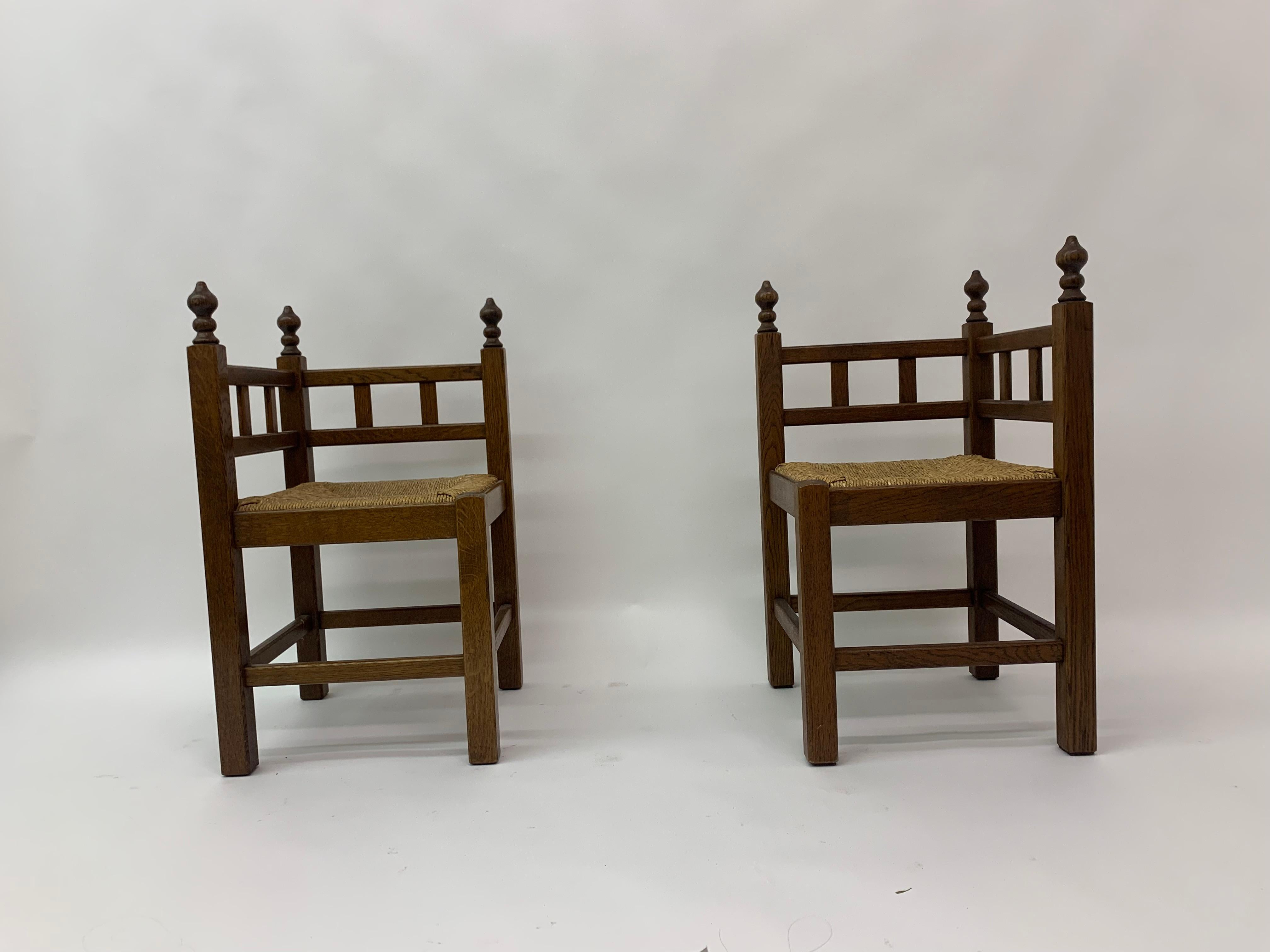Set of 2 brutalist oak & wicker corner chairs, 1970’s 12