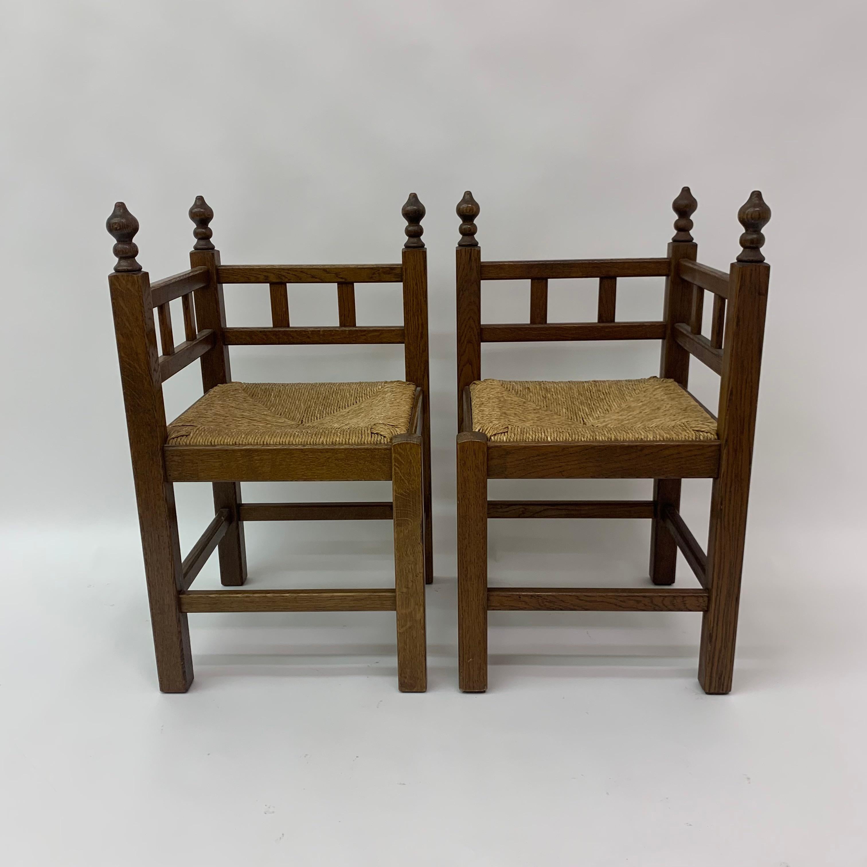 Set of 2 brutalist oak & wicker corner chairs, 1970’s
