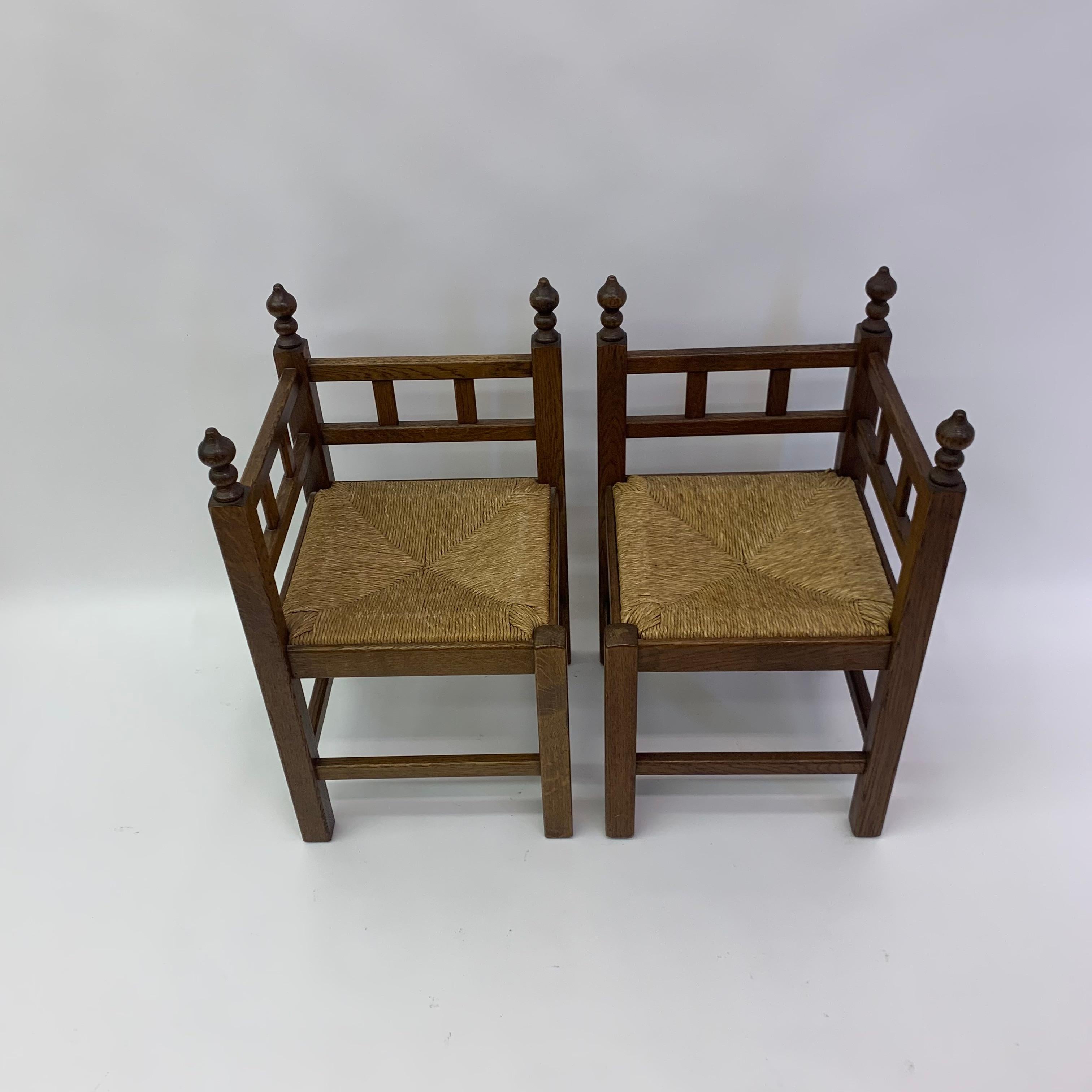 Brutalist Set of 2 brutalist oak & wicker corner chairs, 1970’s