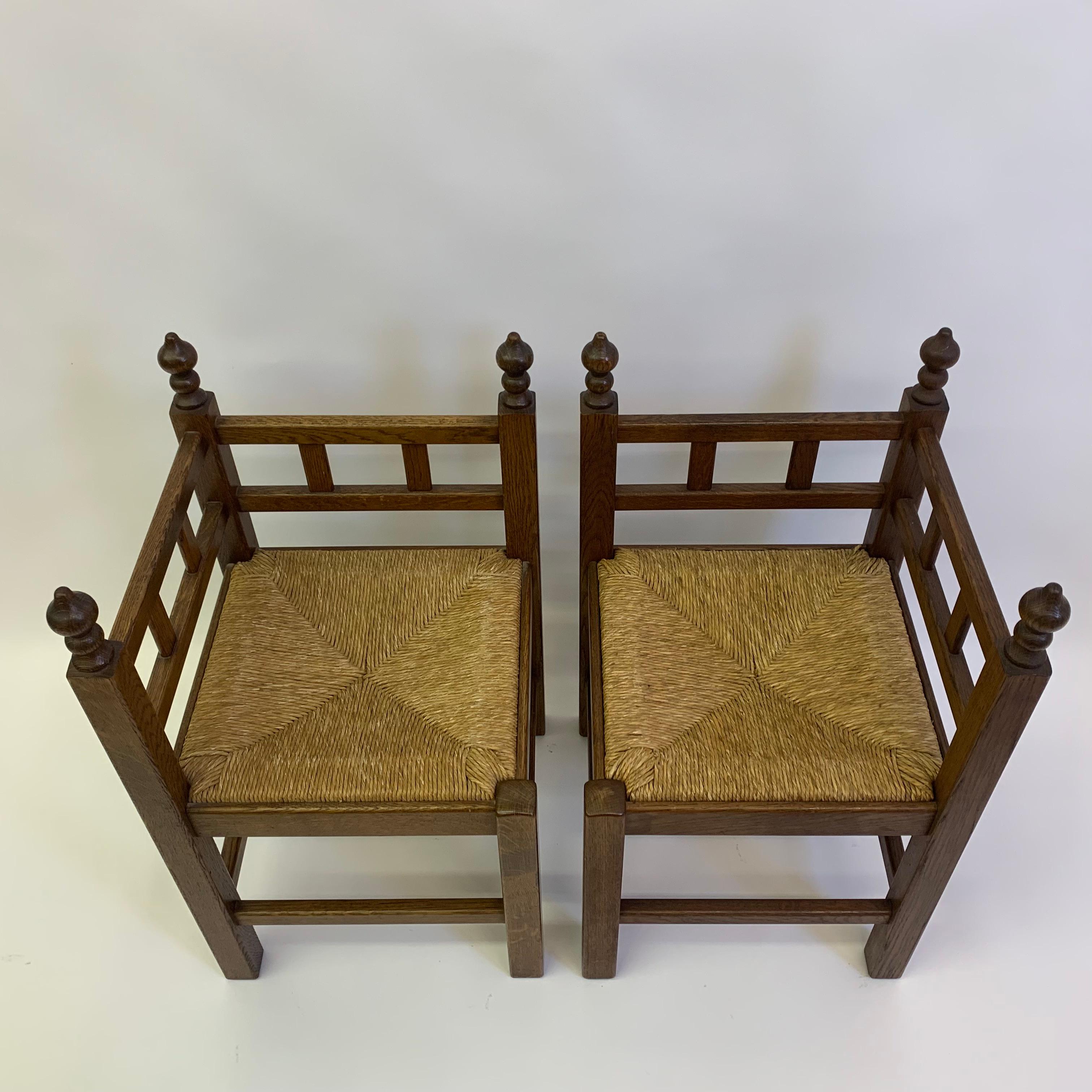 European Set of 2 brutalist oak & wicker corner chairs, 1970’s