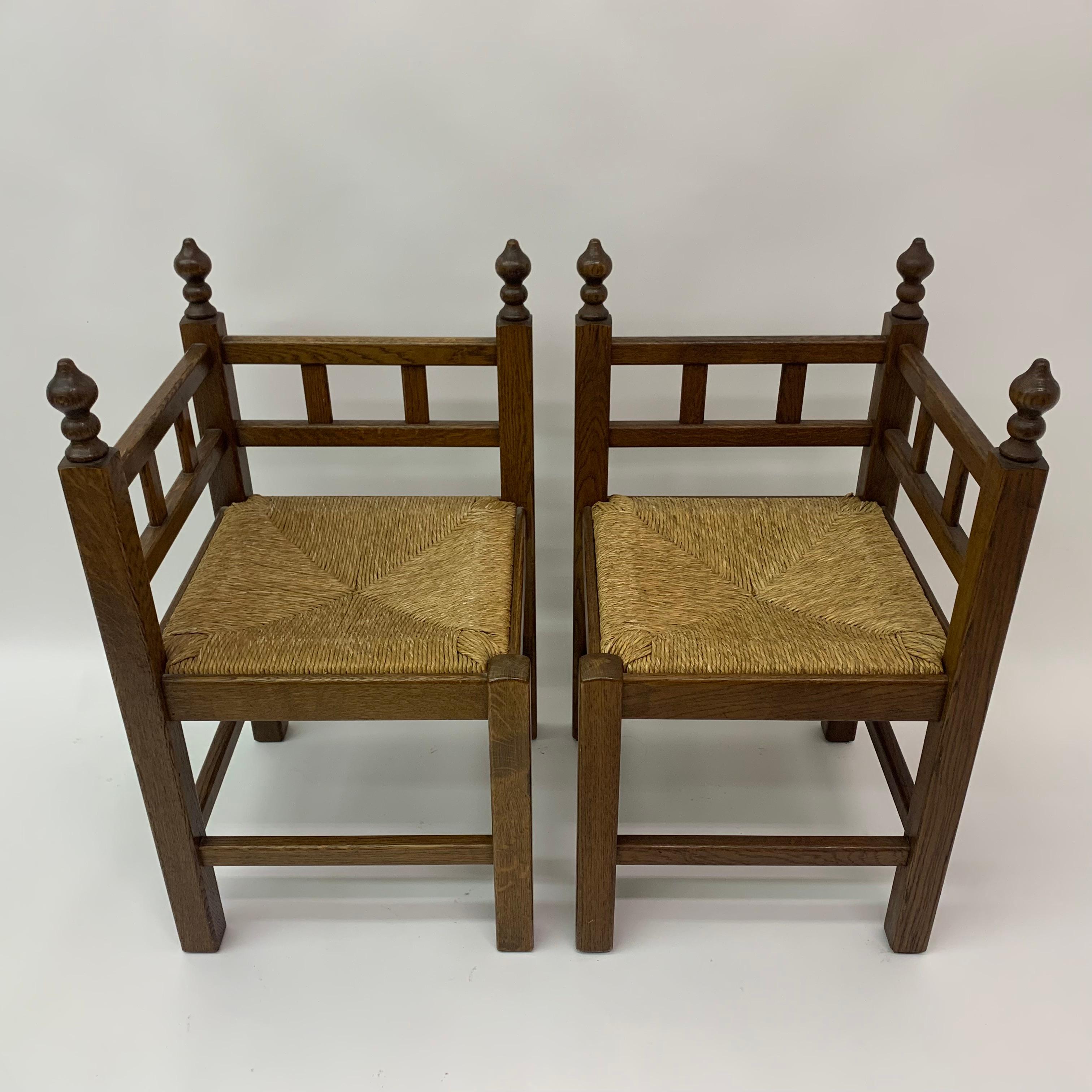 Late 20th Century Set of 2 brutalist oak & wicker corner chairs, 1970’s