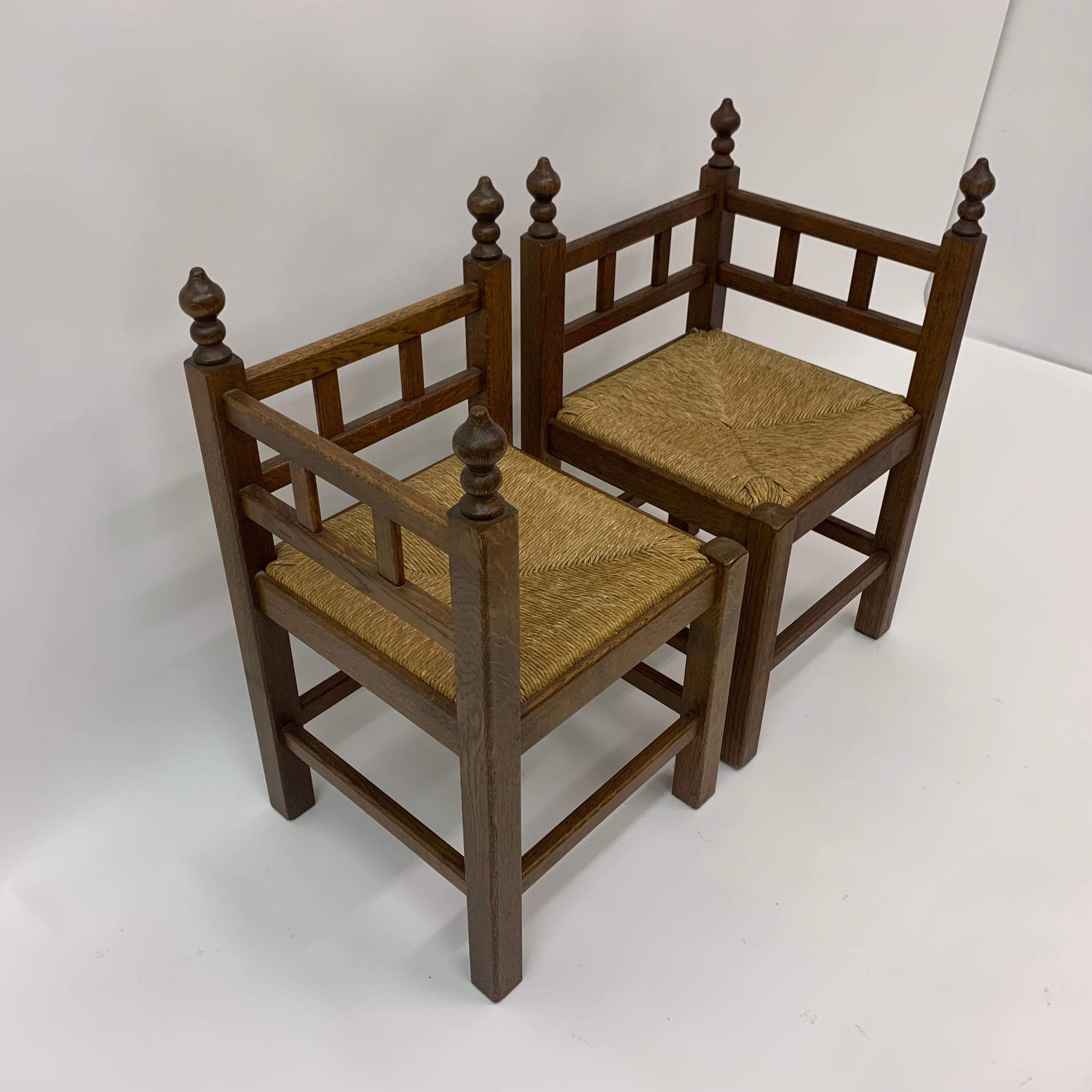 Wicker Set of 2 brutalist oak & wicker corner chairs, 1970’s