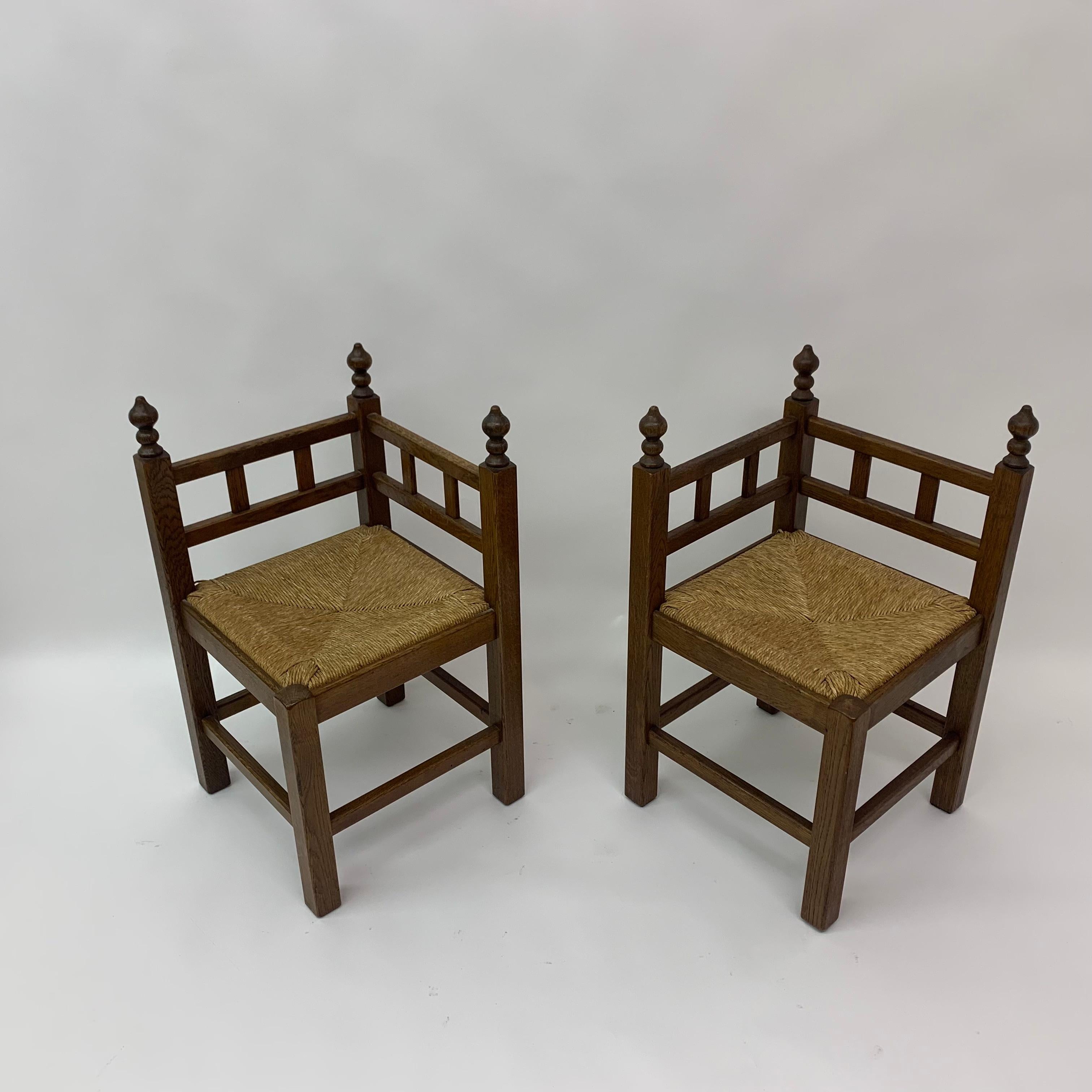 Set of 2 brutalist oak & wicker corner chairs, 1970’s 1
