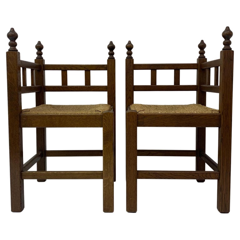 Set of 2 brutalist oak and wicker corner chairs, 1970’s For Sale at 1stDibs