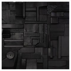 Set of 2 Brutalist Satin Black Reclaimed Wood Collage Tiles by Peter Glassford