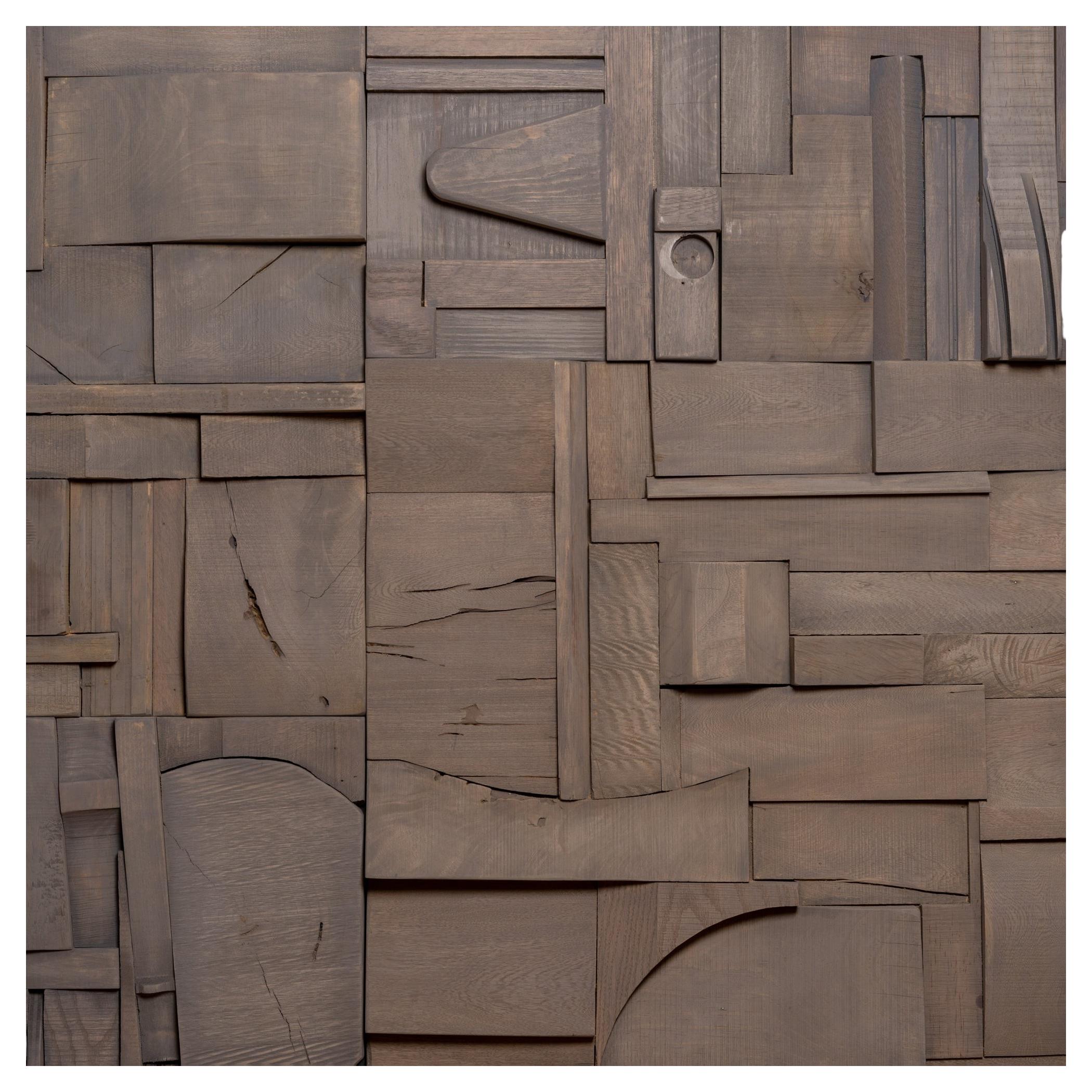 Set of 2 Brutalist Soft Gray Reclaimed Wood Collage Tiles by Peter Glassford For Sale
