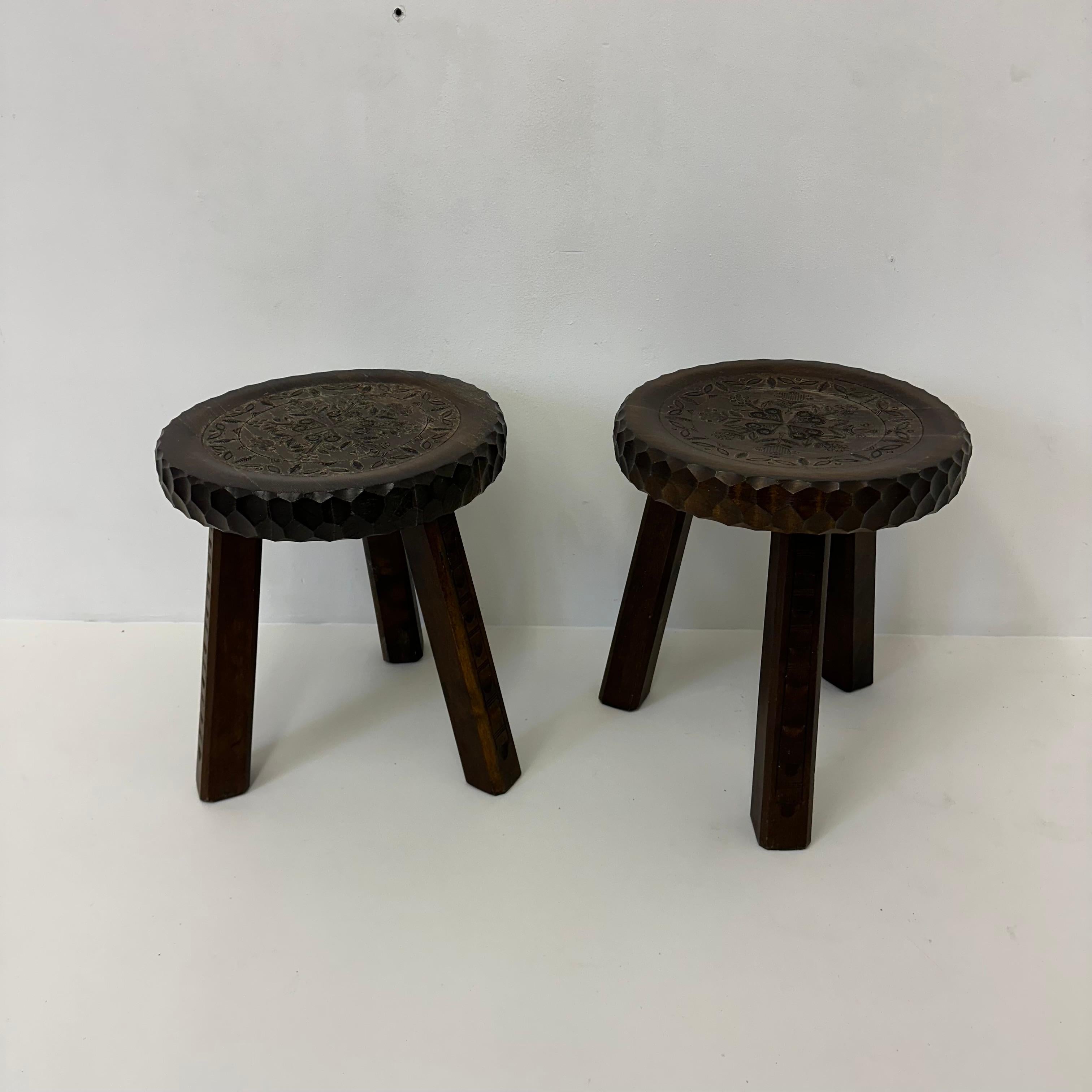 Set of 2 brutalist stools solid oak , 1970s 3