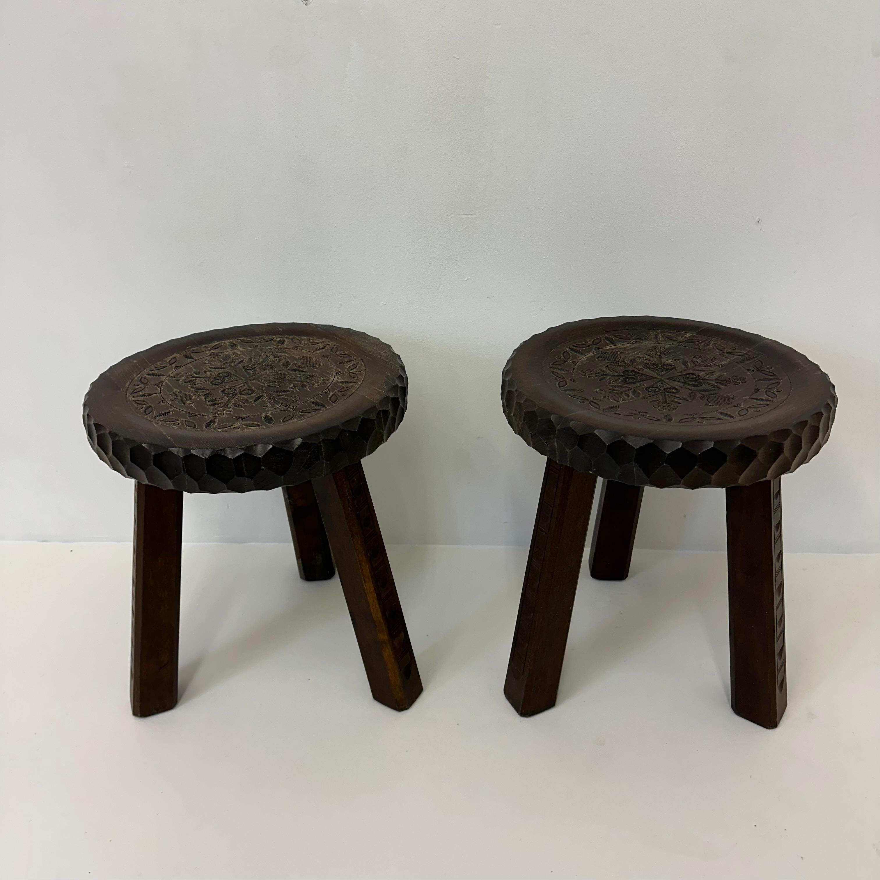 Set of 2 brutalist stools solid oak , 1970s 4
