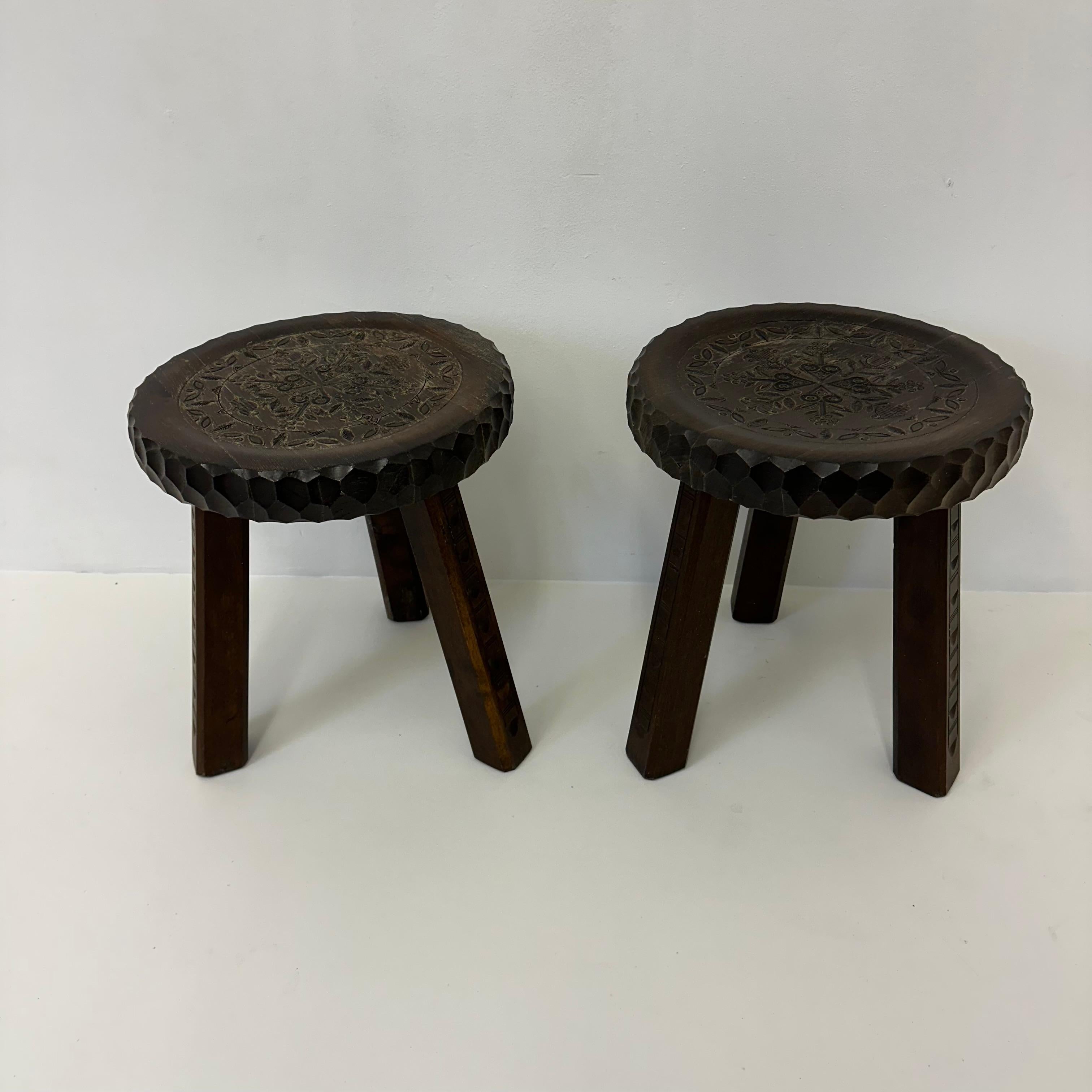 Set of 2 brutalist stools solid oak , 1970s 7