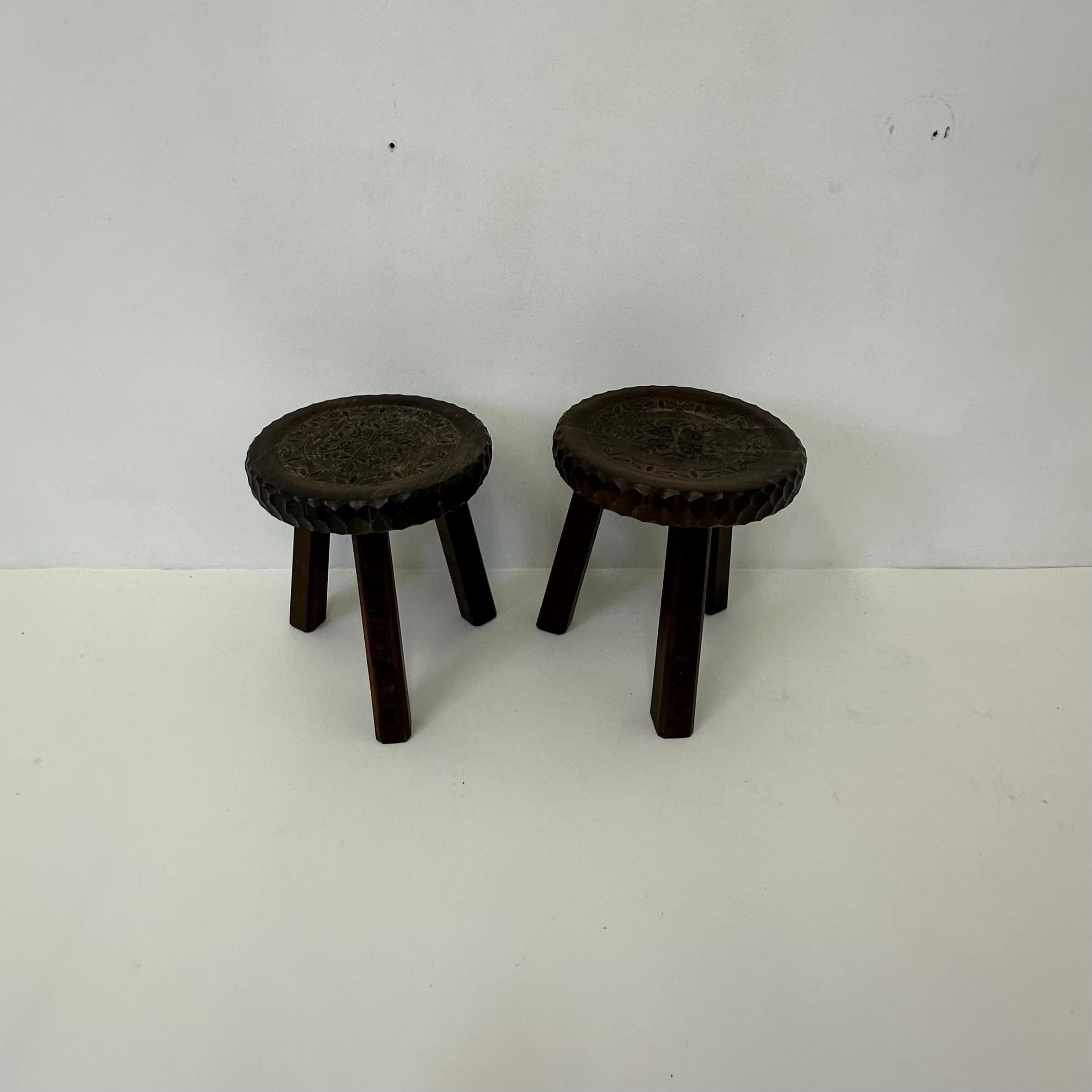Dutch Set of 2 brutalist stools solid oak , 1970s