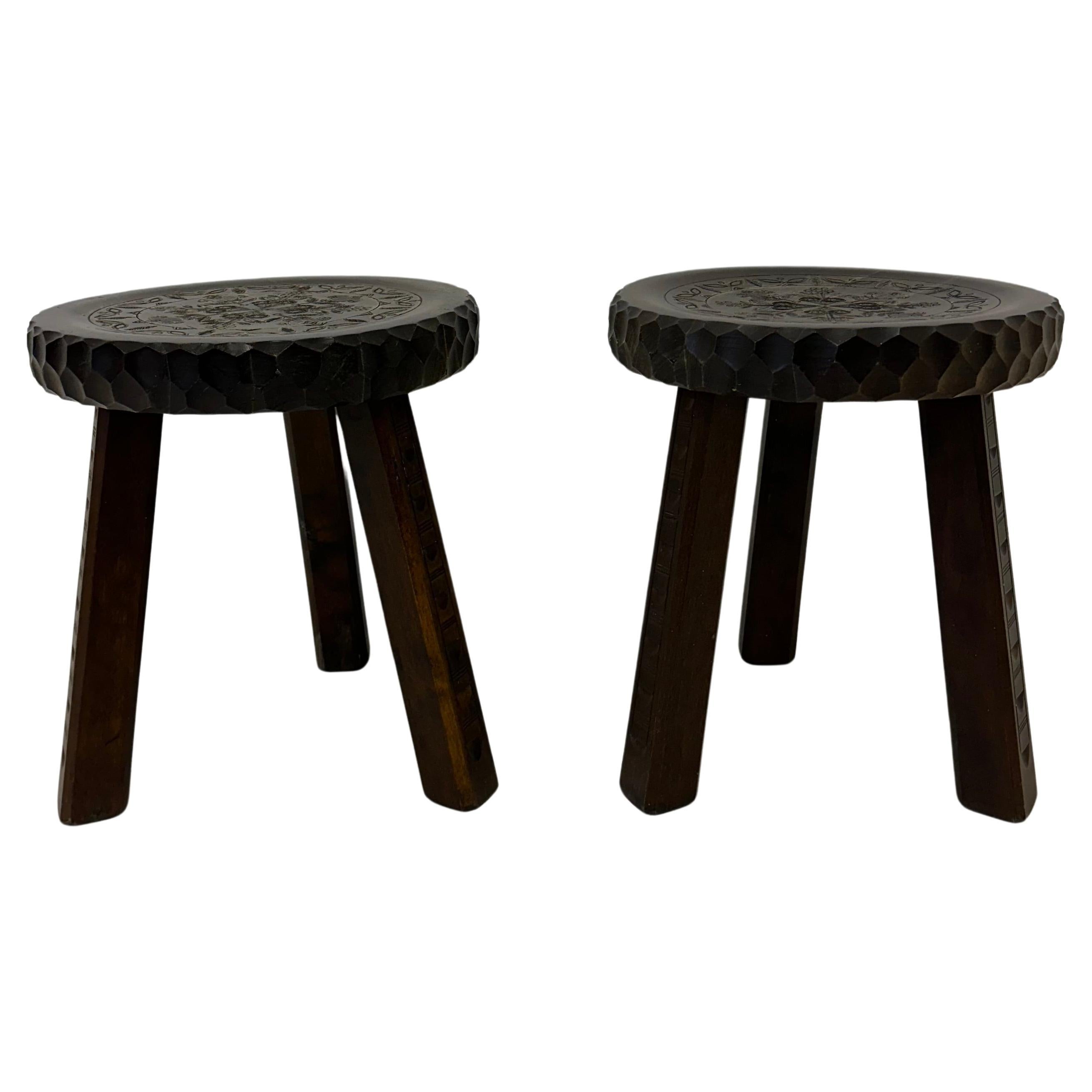 Set of 2 brutalist stools solid oak , 1970s