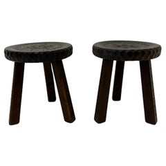 Set of 2 brutalist stools solid oak , 1970s