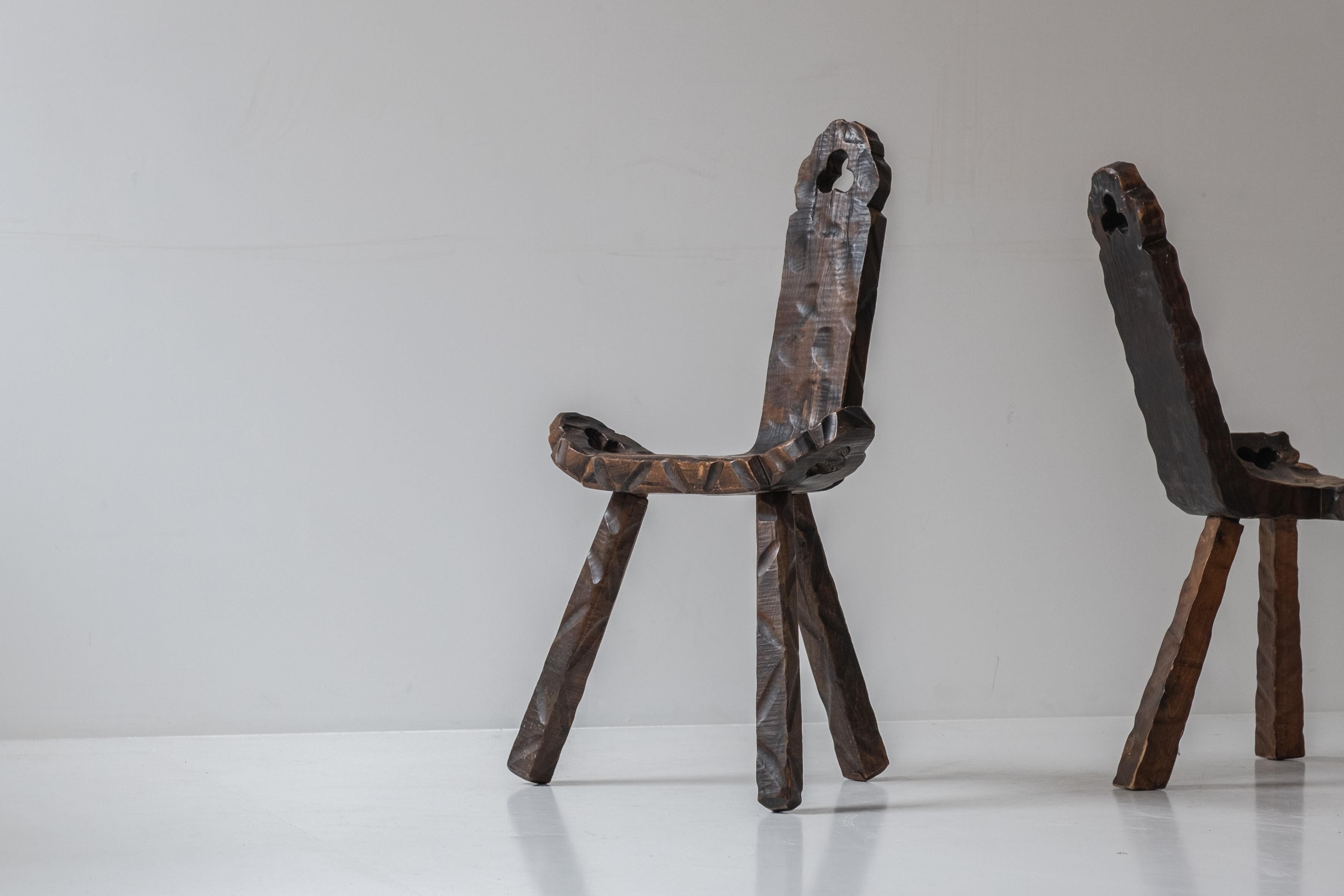 Set of 2 Brutalist tripod stools from Spain, designed in the 1960s.  1
