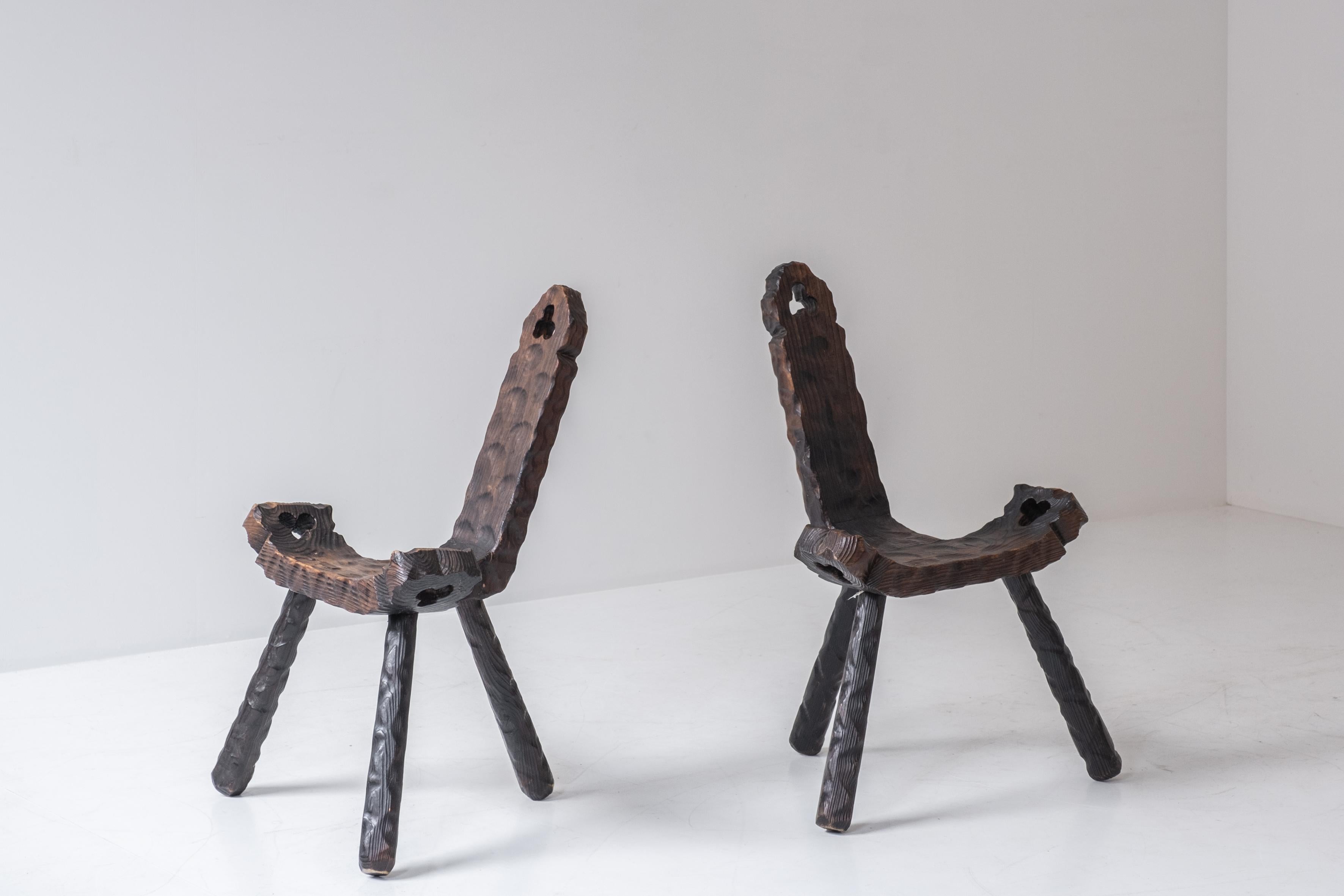Set of 2 Brutalist tripod stools from Spain, designed in the 1960s.  2