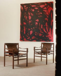 Set of Two Safari Armchairs, Buffalo Leather, Solid Wood Frame, 1970s