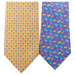 Set of 2 BVLGARI yellow floral ETRO blue monkey print silk neck tie Set of 2 BVLGARI yellow floral ETRO blue monkey print silk neck tie