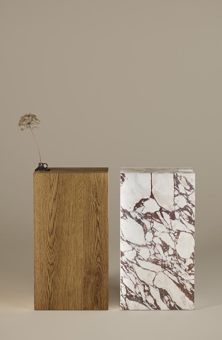 Set of 2 Camo console tables by Un’common
Dimensions: W 50 x D 28 x H 85 cm
Materials: Calcatta Viola marble, raw oak wood.
Available in 3 marbles: white carrara, Calcatta Viola and Rosso Levanto.
Available in 3 woods: raw oak, smoky oak and
