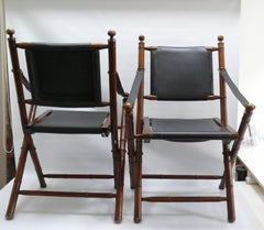 Set of 2 Campaign Chairs  - teak, leather, brass - colonial style - Mid Century