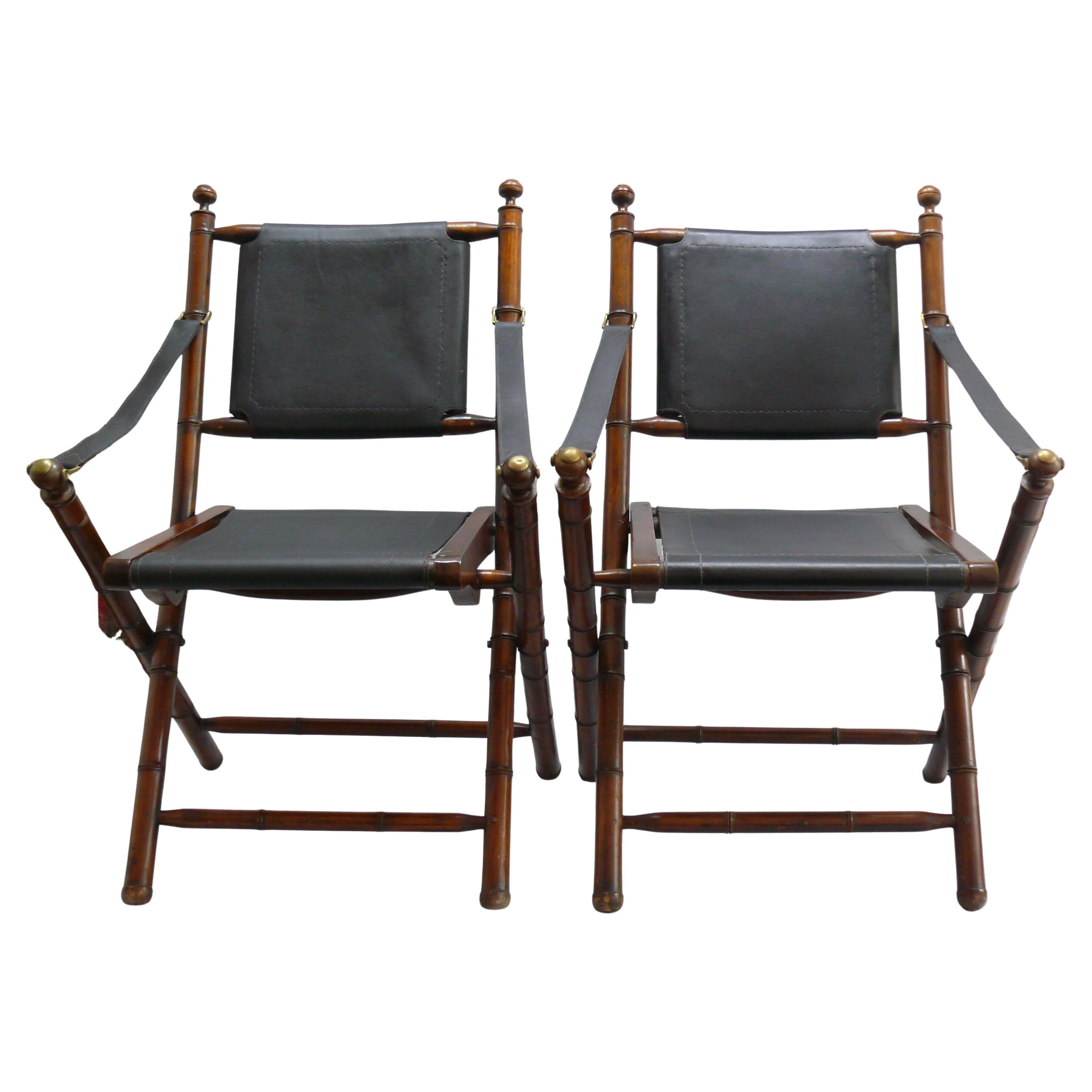 2er Set Campaigner Stühle  - Teakholz, Leder, Messing - Kolonialstil - Mid Century im Angebot