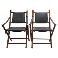 Set of 2 Campaign Chairs  - teak, leather, brass - colonial style - Mid Century