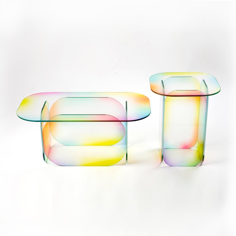 South Korean Set of 2 Candy Dichroic Glass Coffee Table Sculpted by Studio-Chacha For Sale