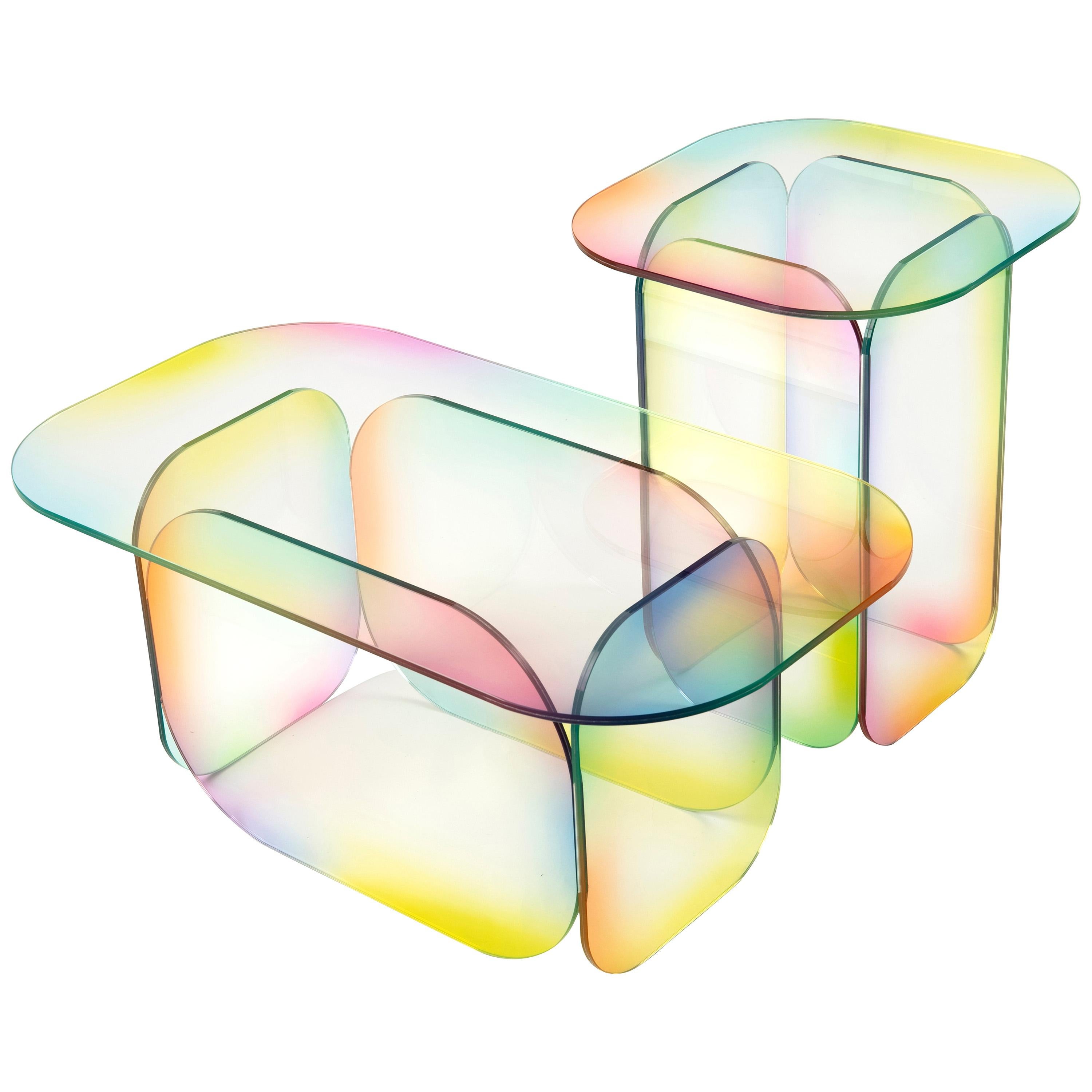 Ensemble de 2 tables basses en verre Dichroic Candy sculptées par Studio-Chacha en vente