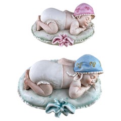 Set di 2 bambini di Capodimonte Principe in porcellana "Sleeping children" Made in Italy 1980