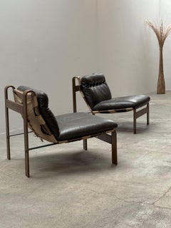 2ER-SET CARL-STRAUB-SESSEL AUS BEUGTEM HOLZ, LEDER UND LEINEN, DEUTSCHLAND, 1970er Jahre