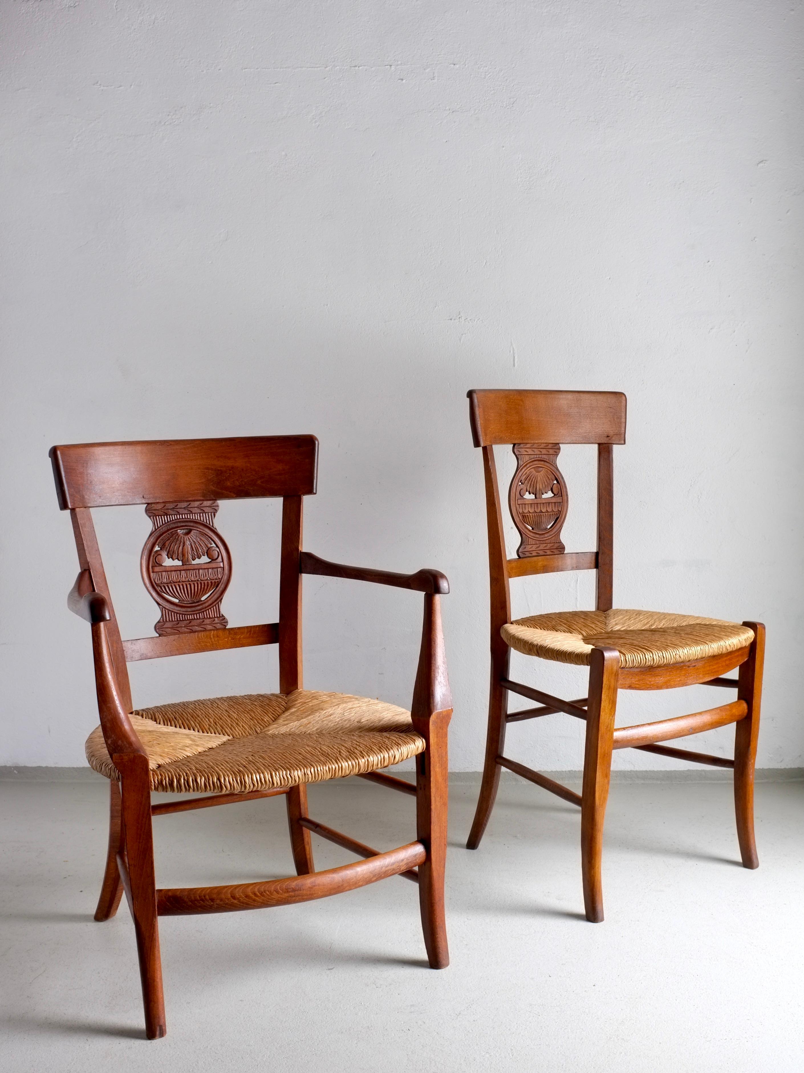 Set of 2 Carved Wood Rush Seat Chairs, Belgium For Sale 2