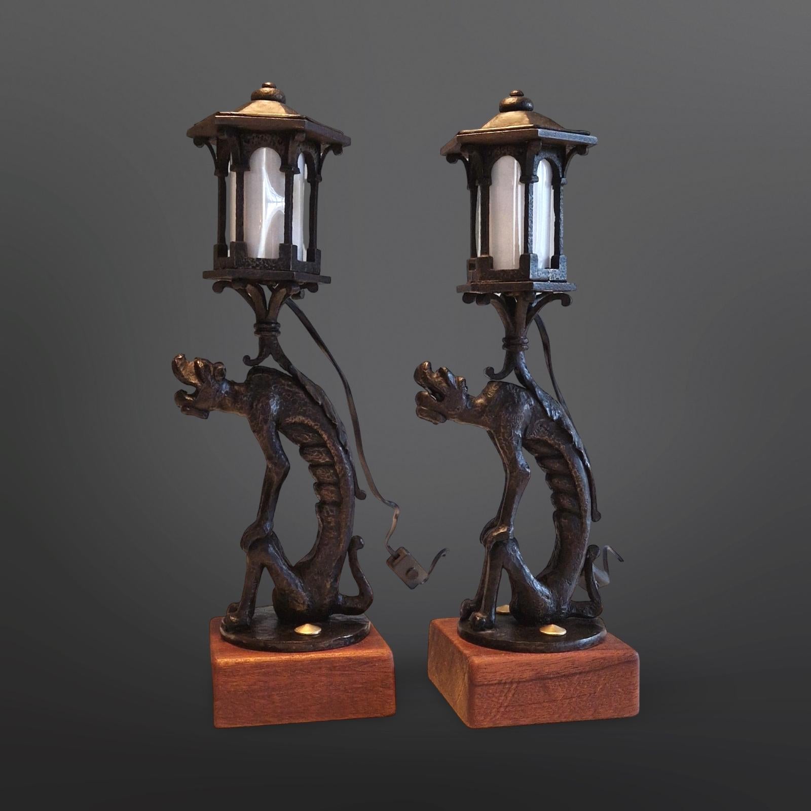Brass Set of 2 cast iron Griffin table lamps, Netherlands 1920s For Sale
