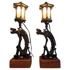 Set of 2 cast iron Griffin table lamps, Netherlands 1920s