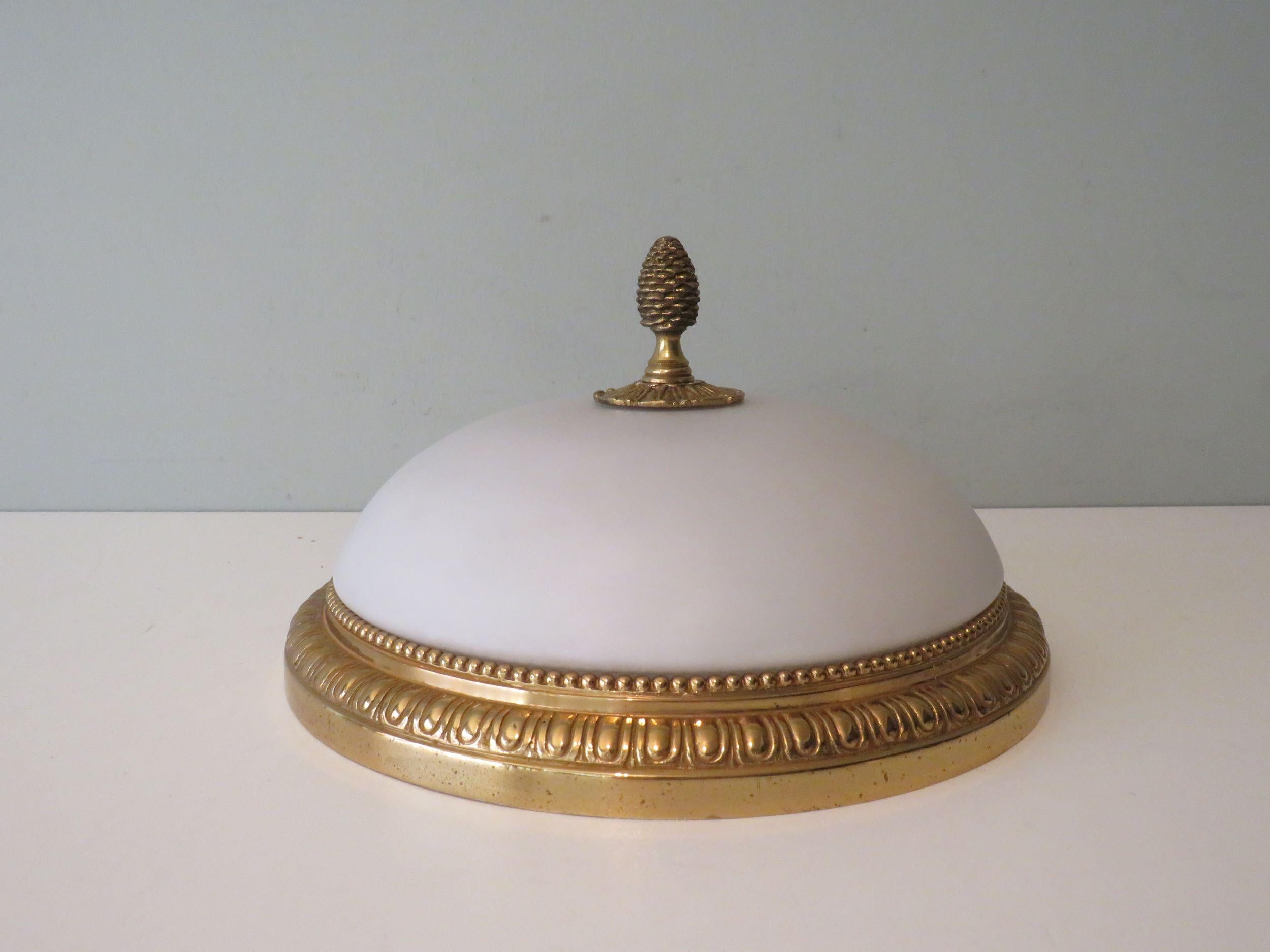 French Set of 2 Ceiling Lamps in Bronze and Opaline Glass, France, 1960s
