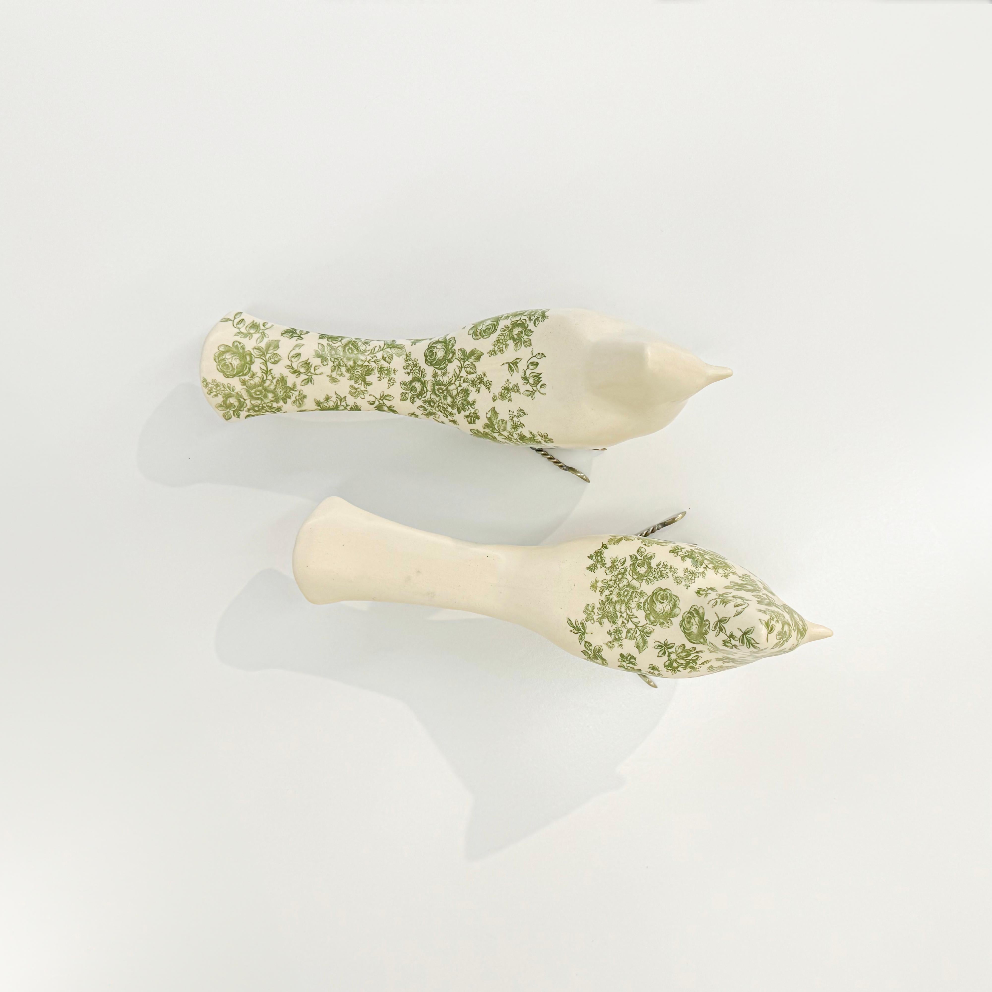 Glazed Set of 2 Ceramic Cardinals with Floral Design - Hand-made in Mexico For Sale