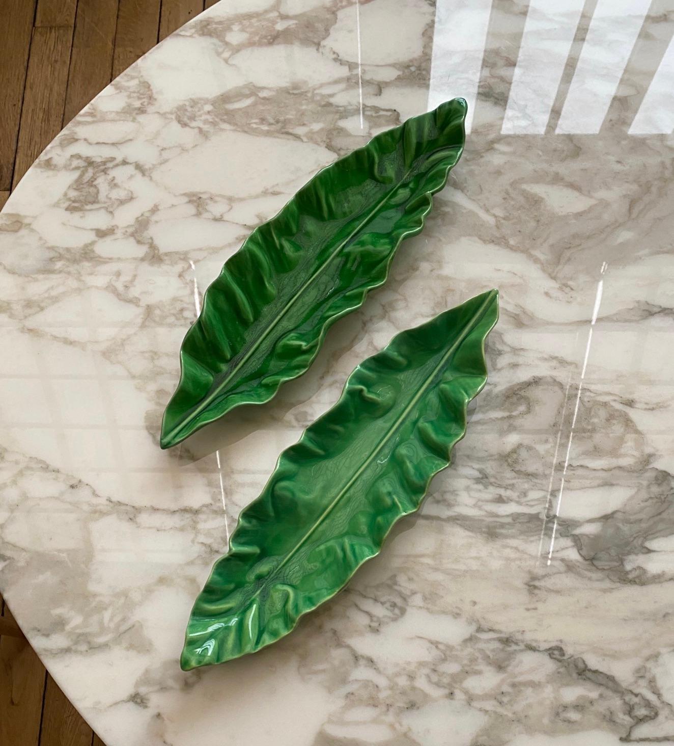 European Set of 2 Ceramic Green Leaves Dishes by Pol Chambost 1950s