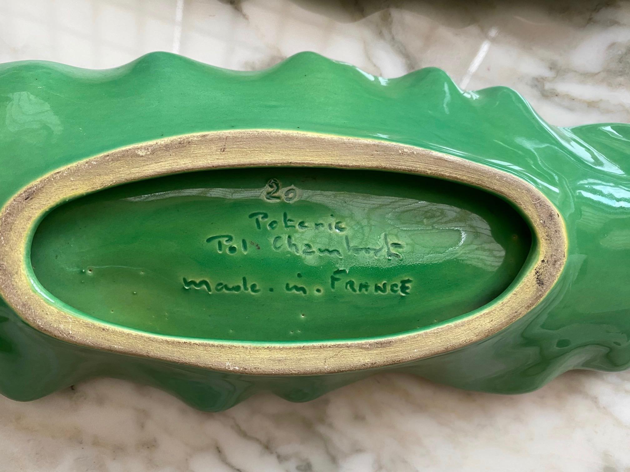 Set of 2 Ceramic Green Leaves Dishes by Pol Chambost 1950s In Good Condition In Paris, FR