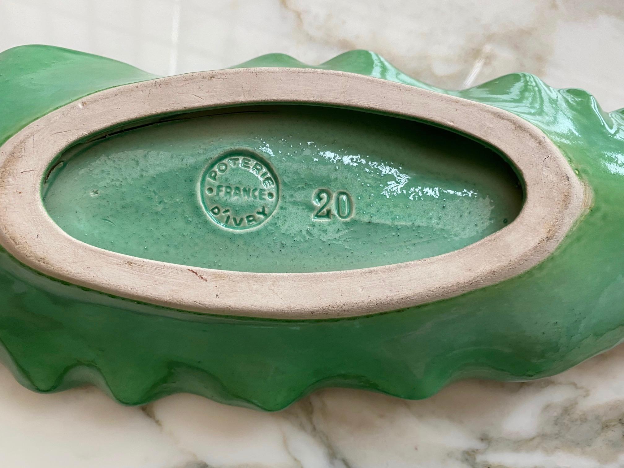 Mid-20th Century Set of 2 Ceramic Green Leaves Dishes by Pol Chambost 1950s
