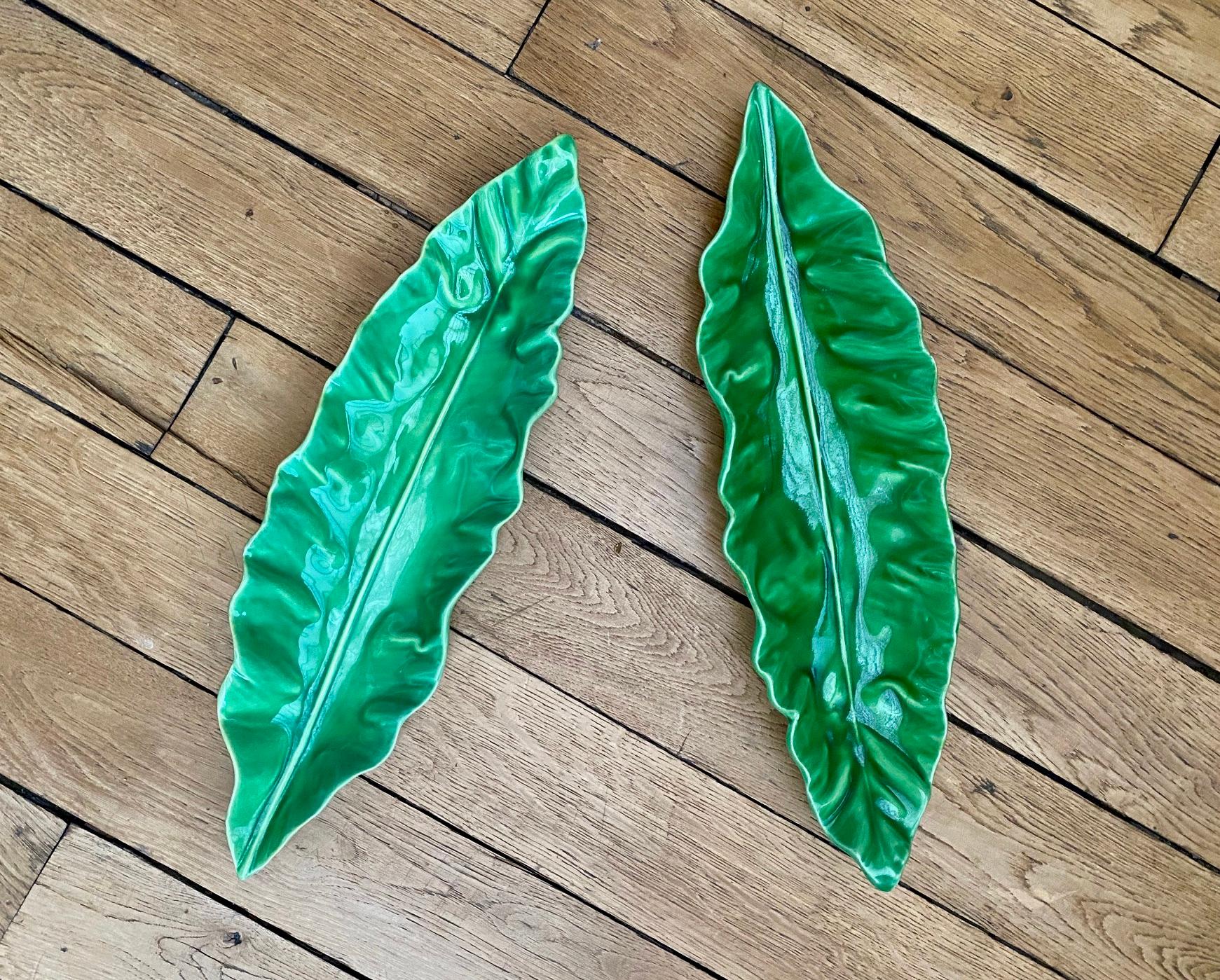 Set of 2 Ceramic Green Leaves Dishes by Pol Chambost 1950s 1