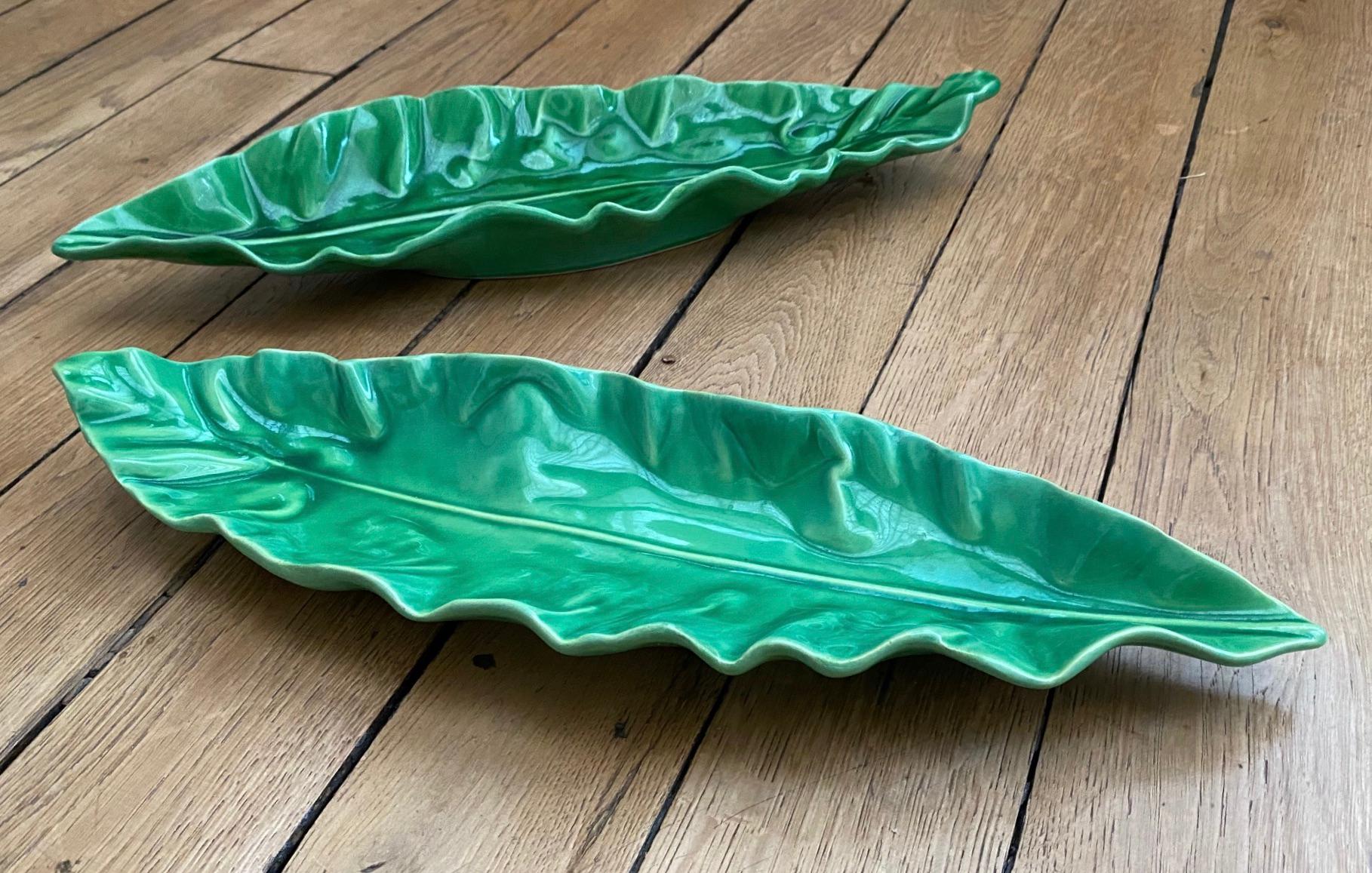 Set of 2 Ceramic Green Leaves Dishes by Pol Chambost 1950s 2