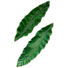 Set of 2 Ceramic Green Leaves Dishes by Pol Chambost 1950s