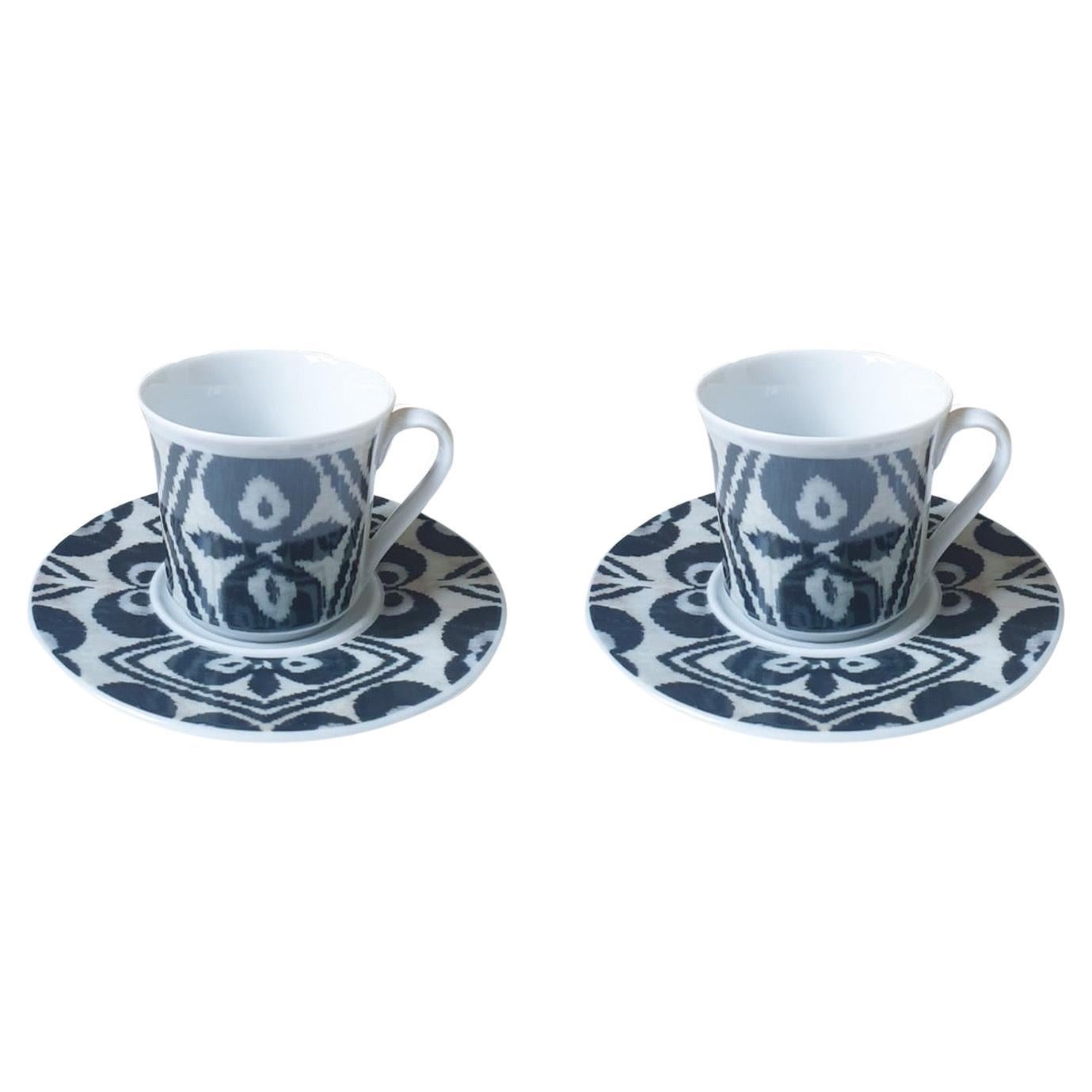 Set of 2 Ceramic Ikat Coffee Cup & Saucer - Black / White For Sale