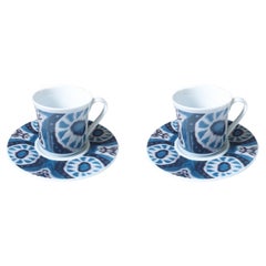 Set of 2 Ceramic Ikat Coffee Cup & Saucer - Blue / White